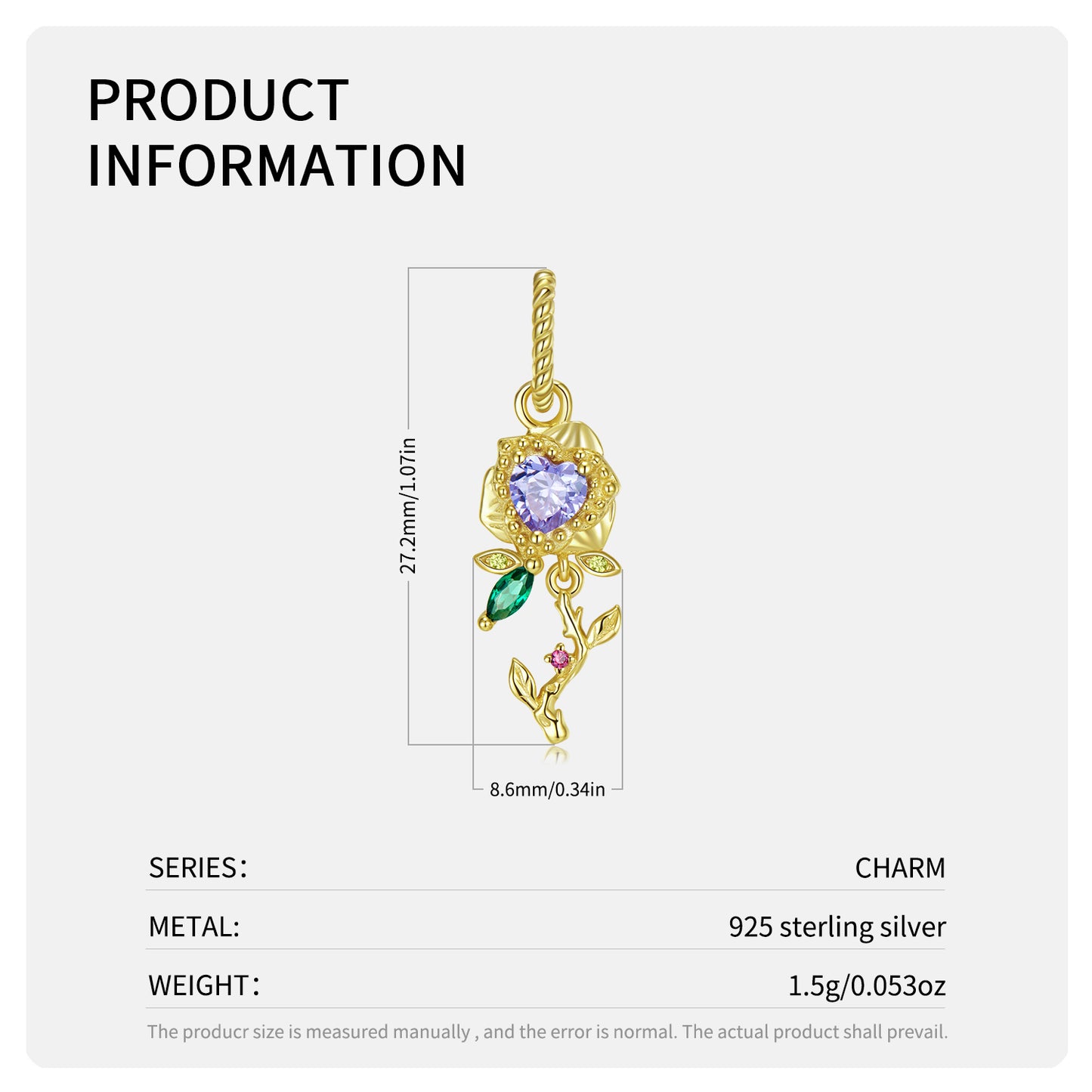 Original Design S925 Sterling Silver June Rose Dangle Charm, June Birth Flower, Flower Language Series, CZ Charm Bead For DIY Bracelet Necklace, Pandora Compatible Jewelry Gift