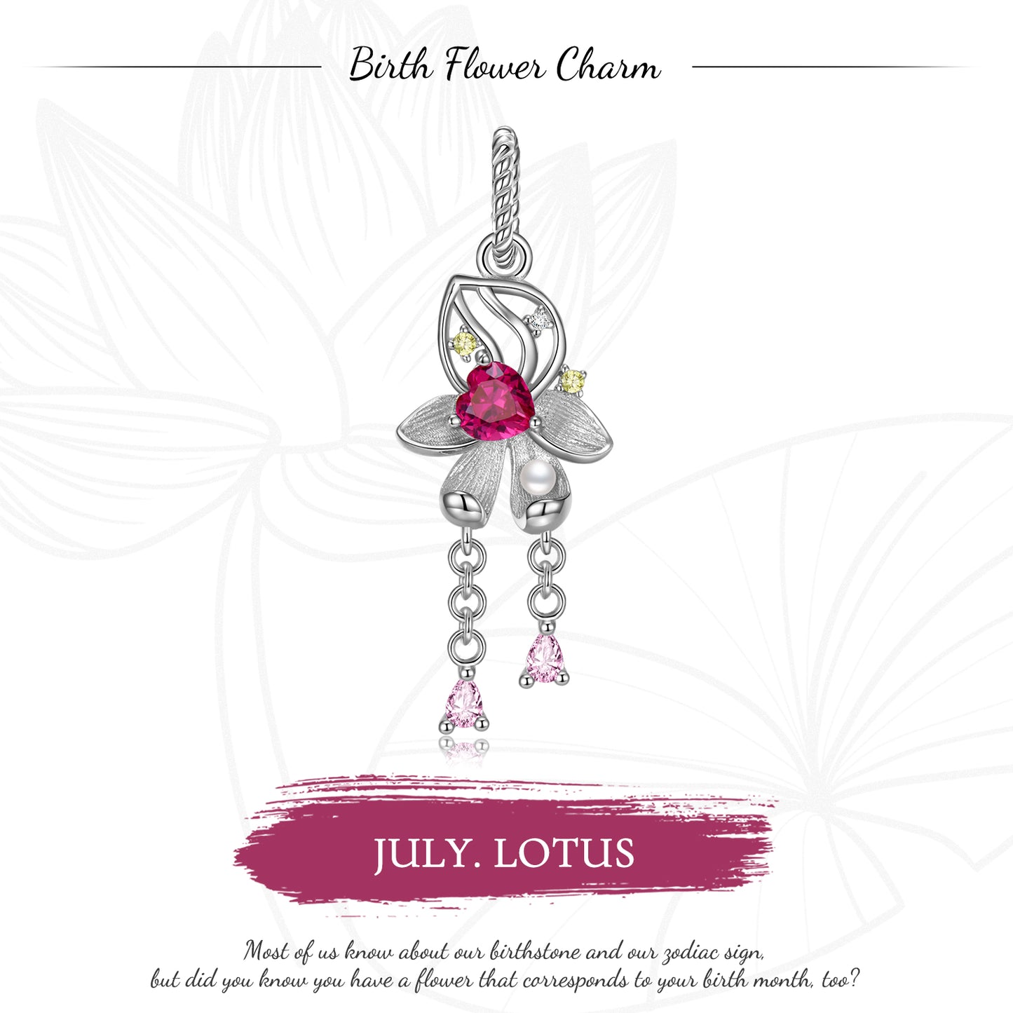 Original Design S925 Sterling Silver July Lotus Dangle Charm, July Birth Flower, Flower Language Series, CZ Charm Bead For DIY Bracelet Necklace, Pandora Compatible Jewelry Gift
