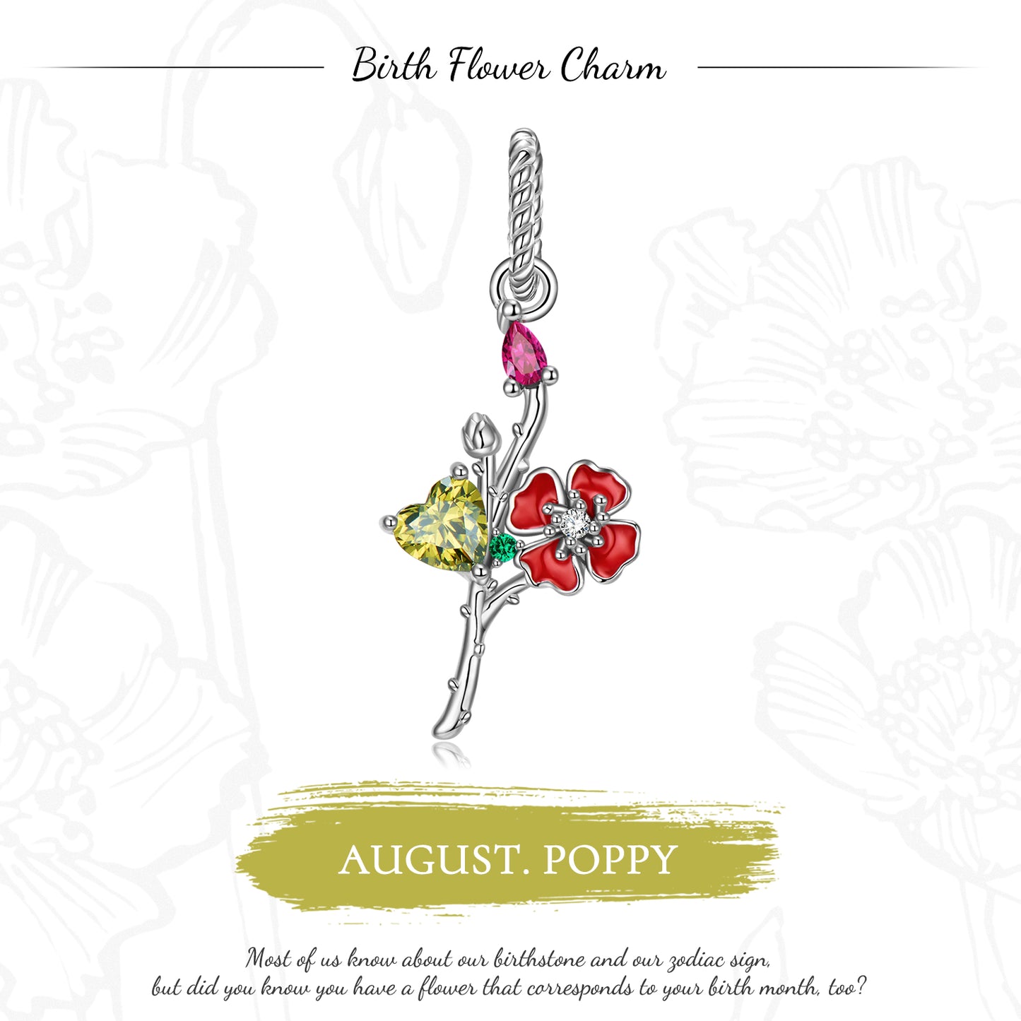 Original Design S925 Sterling Silver August Poppy Dangle Charm, August Birth Flower, Flower Language Series, CZ Charm Bead For DIY Bracelet Necklace, Pandora Compatible Jewelry Gift