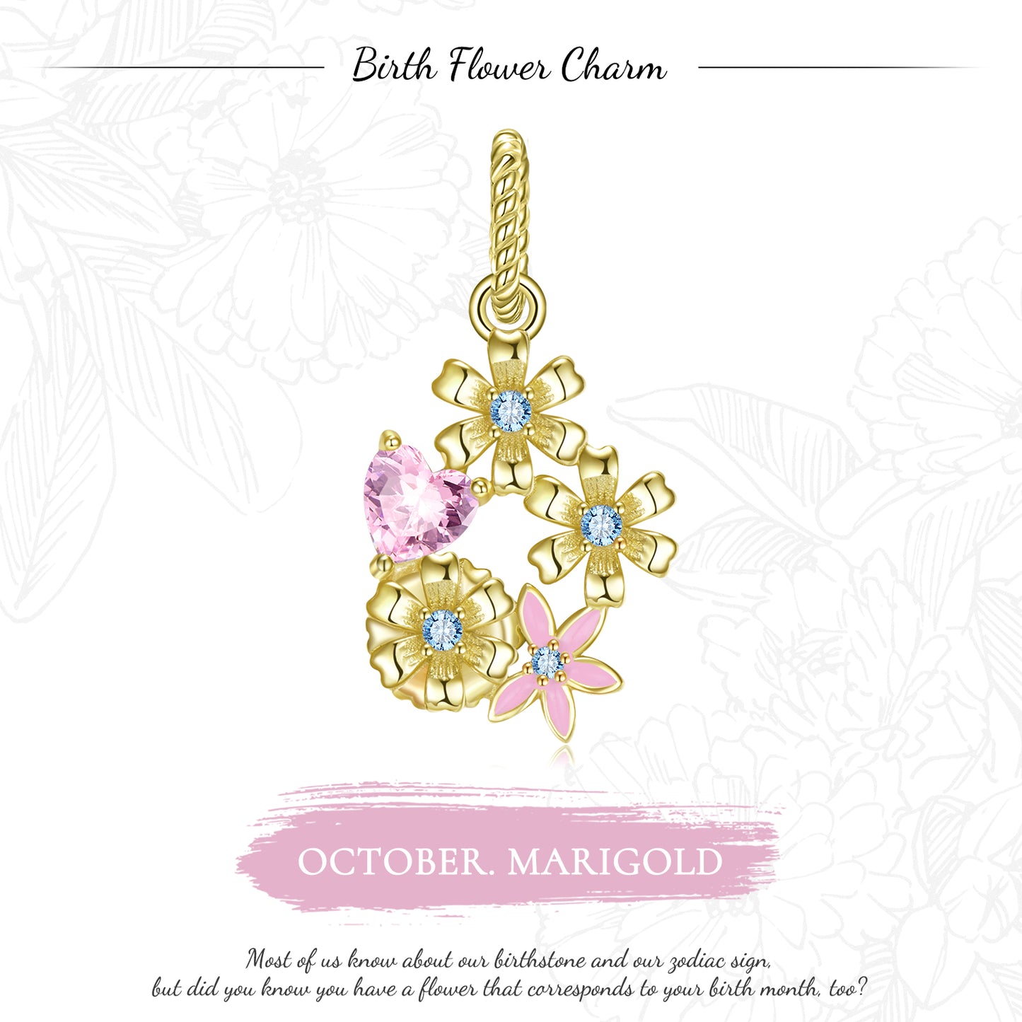 Original Design S925 Sterling Silver October Marigold Dangle Charm, October Birth Flower, Flower Language Series, CZ Charm Bead For DIY Bracelet Necklace, Pandora Compatible Jewelry Gift