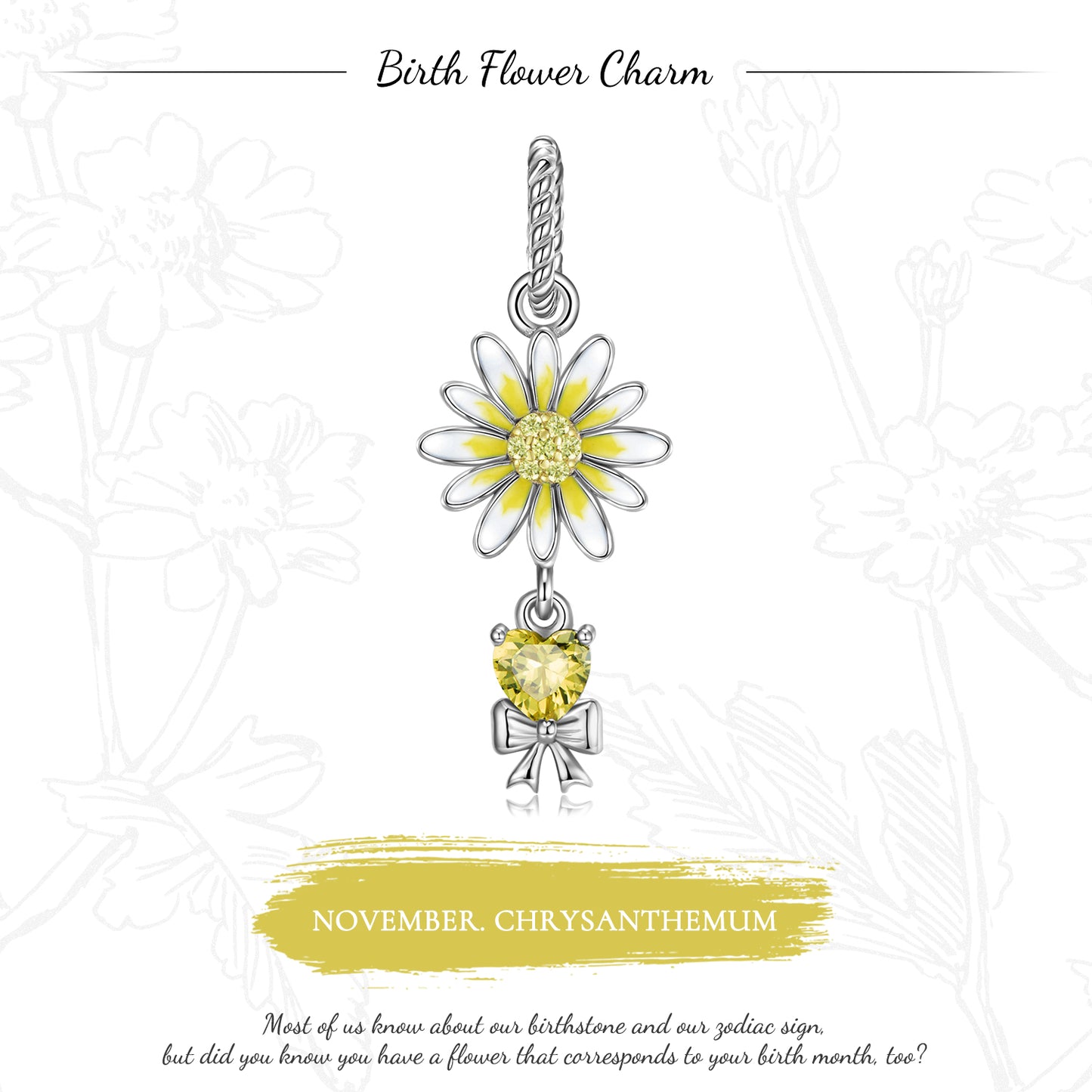 Original Design S925 Sterling Silver November Chrysanthemum Dangle Charm, November Birth Flower, Flower Language Series, CZ Charm Bead For DIY Bracelet Necklace, Pandora Compatible Jewelry Gift