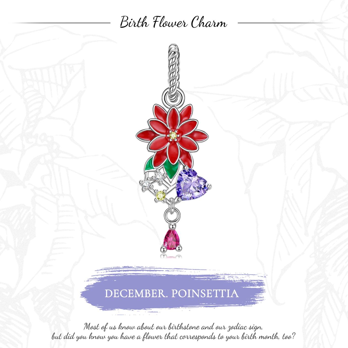 Original Design S925 Sterling Silver December Poinsettia Dangle Charm, December Birth Flower, Flower Language Series, CZ Charm Bead For DIY Bracelet Necklace, Pandora Compatible Jewelry Gift