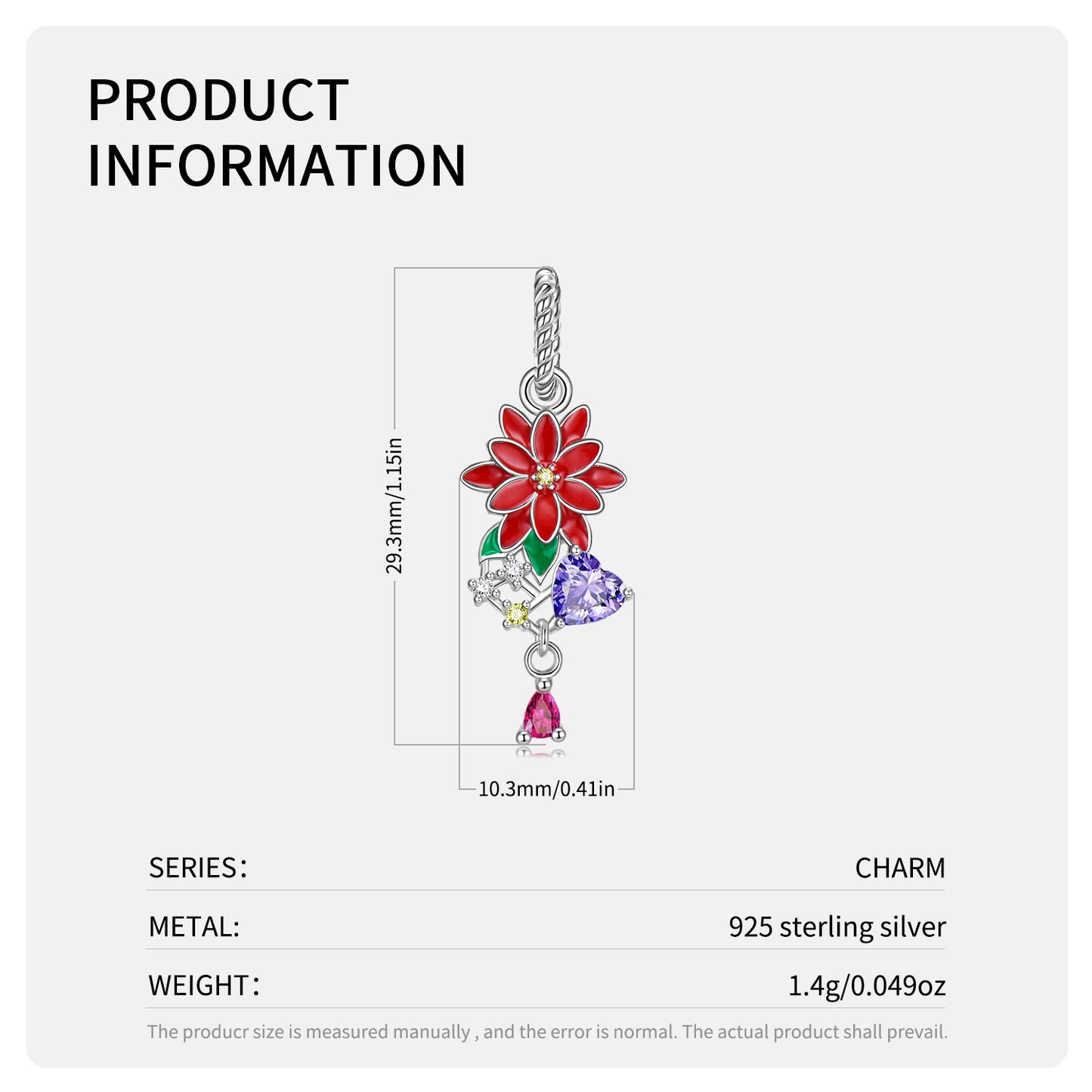 Original Design S925 Sterling Silver December Poinsettia Dangle Charm, December Birth Flower, Flower Language Series, CZ Charm Bead For DIY Bracelet Necklace, Pandora Compatible Jewelry Gift
