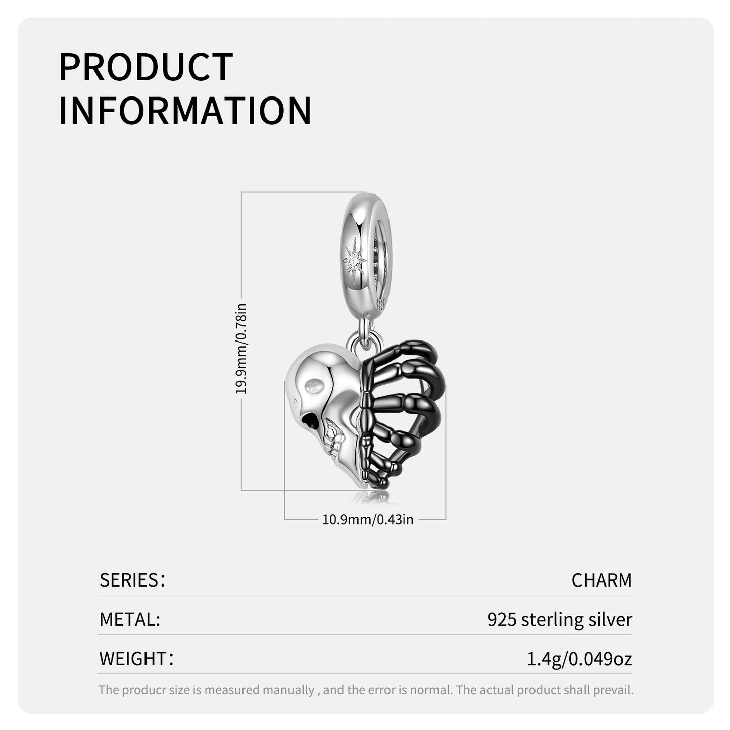 S925 Sterling Silver Skull Heart Skeleton Dangle Charm Gothic Punk Pendant Bead For DIY Charm Bracelet Necklace Jewelry Gift