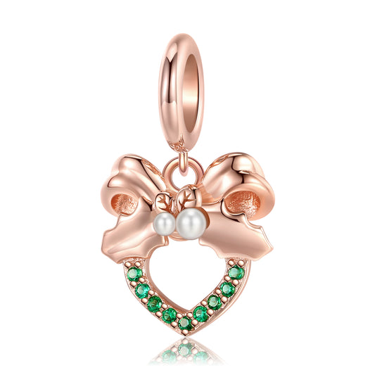S925 Sterling Silver Rose Gold Bell Wreath Dangle Charm Christmas Pendant Bead For DIY Charm Bracelet Necklace Jewelry Gift