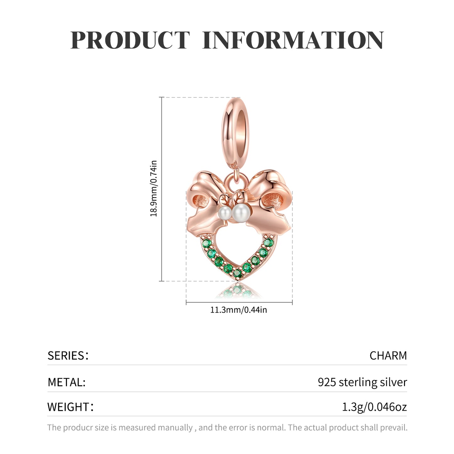S925 Sterling Silver Rose Gold Bell Wreath Dangle Charm Christmas Pendant Bead For DIY Charm Bracelet Necklace Jewelry Gift