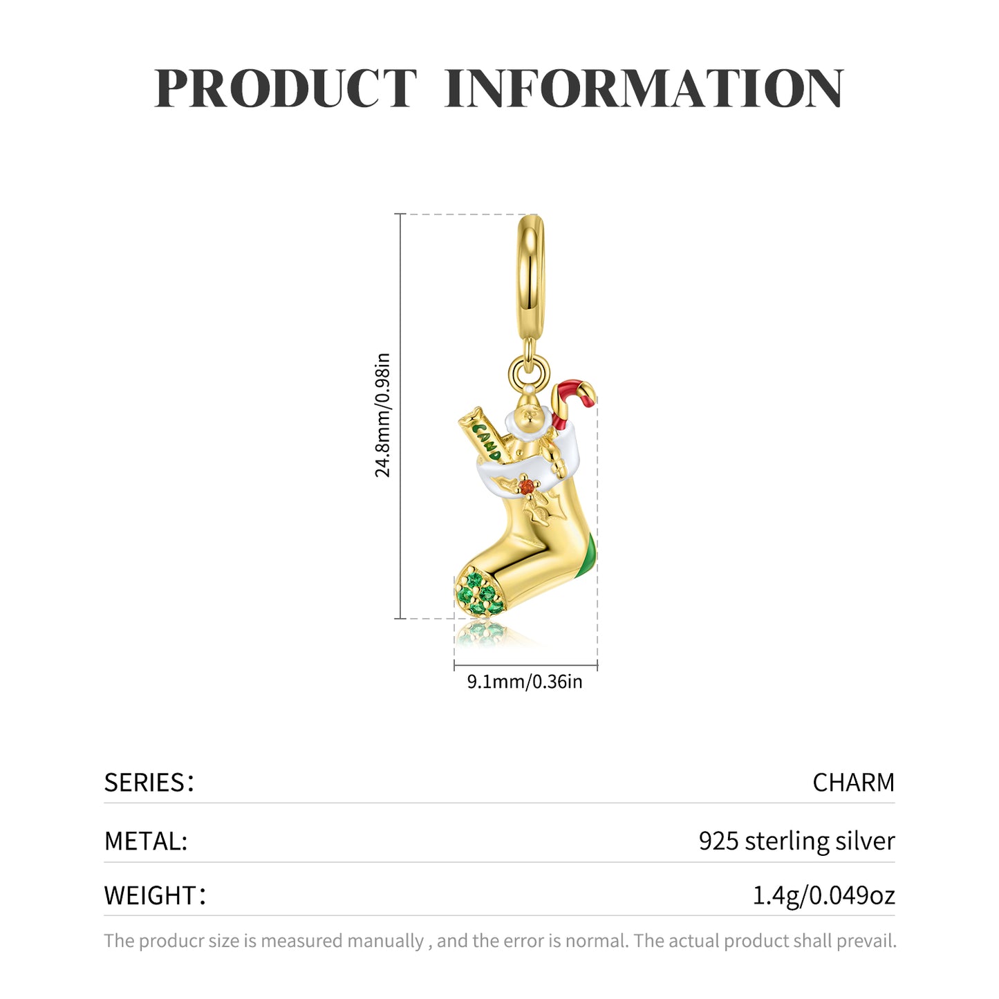 S925 Sterling Silver Gold Plated Christmas Stocking Dangle Charm Holiday Pendant Bead For DIY Charm Bracelet Necklace Jewelry Gift