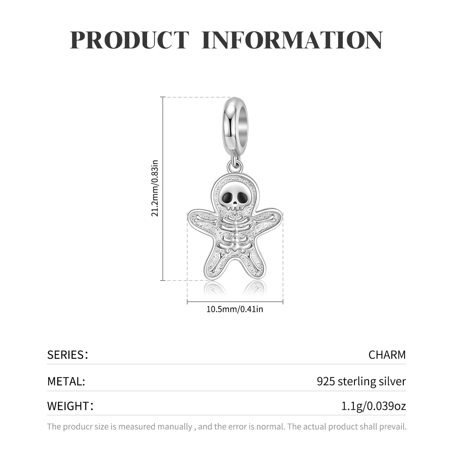 S925 Sterling Silver Skull Gingerbread Man Dangle Charm Halloween Pendant Bead For DIY Charm Bracelet Necklace Jewelry Gift