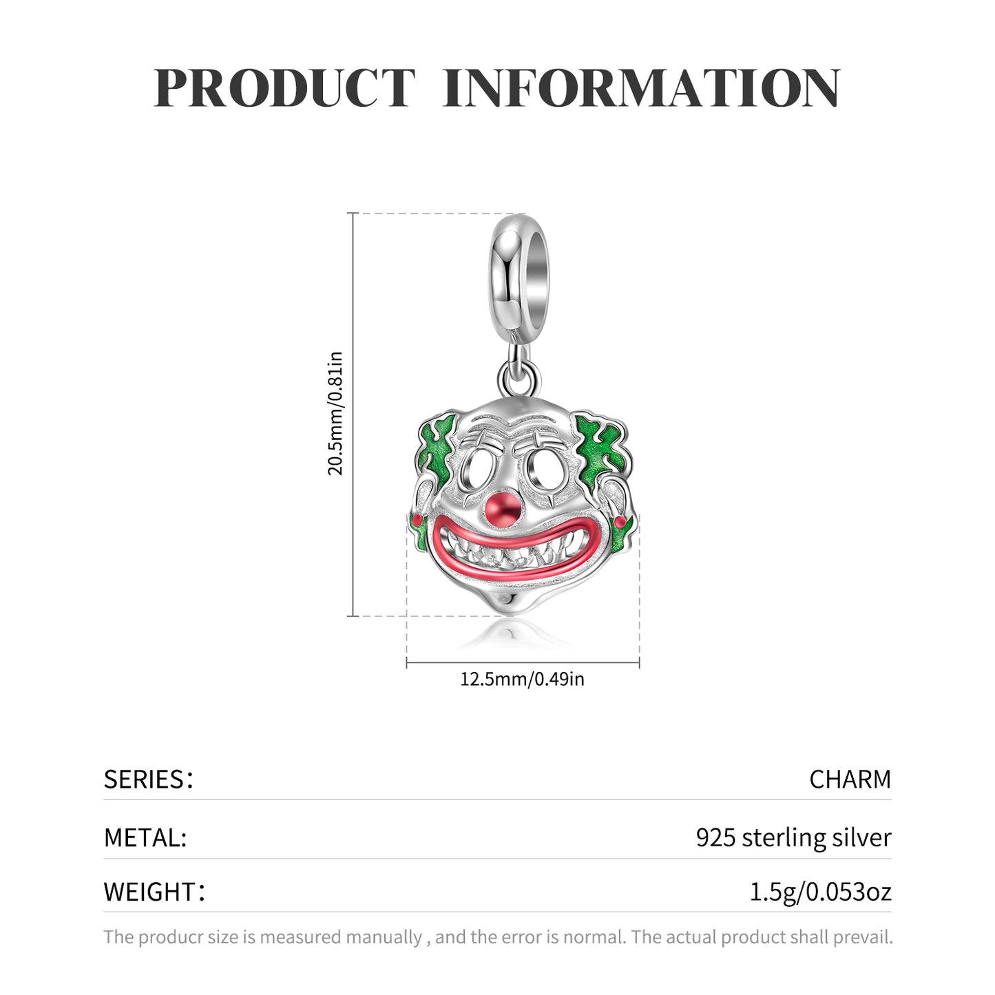 S925 Sterling Silver Halloween Clown Dangle Charm Gothic Pendant Bead For DIY Charm Bracelet Necklace Jewelry Gift