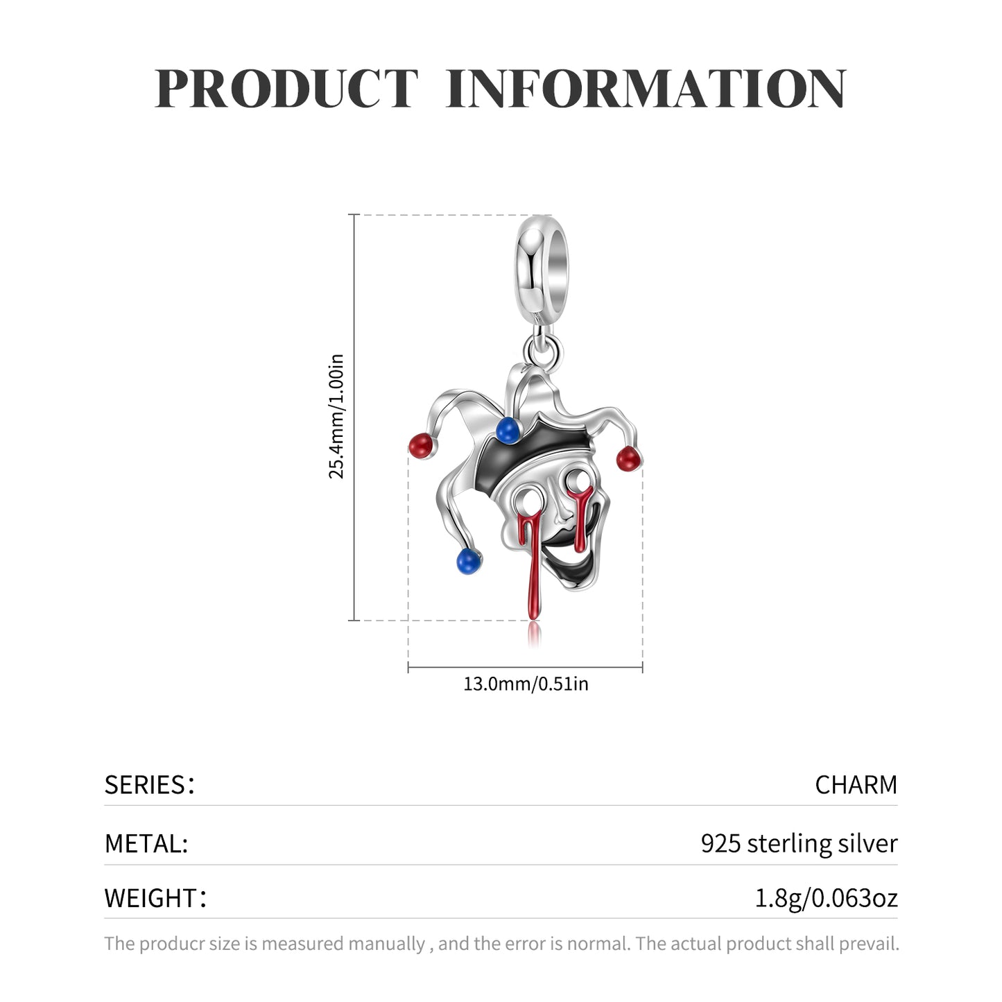 S925 Sterling Silver Sad Clown Dangle Charm Enamel Gothic Pendant Bead For DIY Charm Bracelet Necklace Jewelry Gift