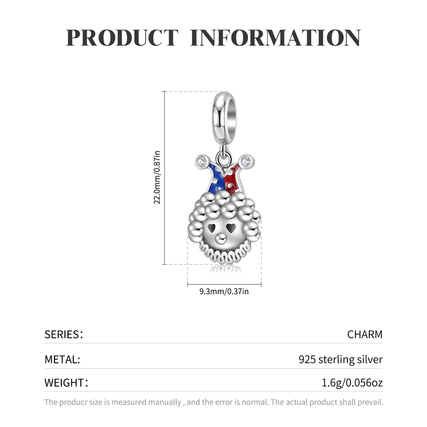 S925 Sterling Silver Curly Hair Clown Dangle Charm Halloween Pendant Bead For DIY Charm Bracelet Necklace Jewelry Gift
