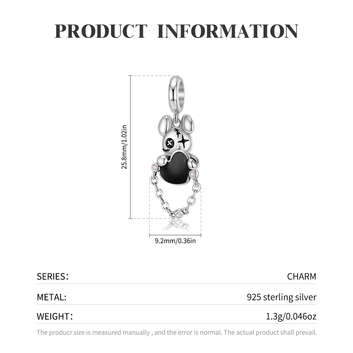 S925 Sterling Silver Violent Teddy Bear Dangle Charm Punk Pendant Bead For DIY Charm Bracelet Necklace Jewelry Gift