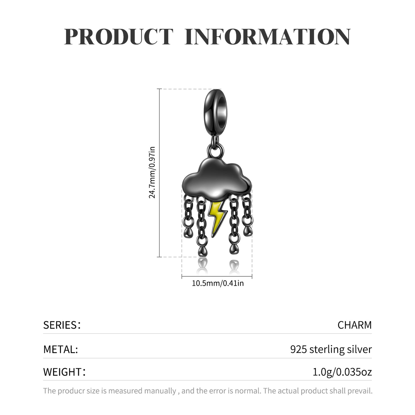 S925 Sterling Silver Black Gold Thunderstorm Dangle Charm Gothic Pendant Bead For DIY Charm Bracelet Necklace Jewelry Gift