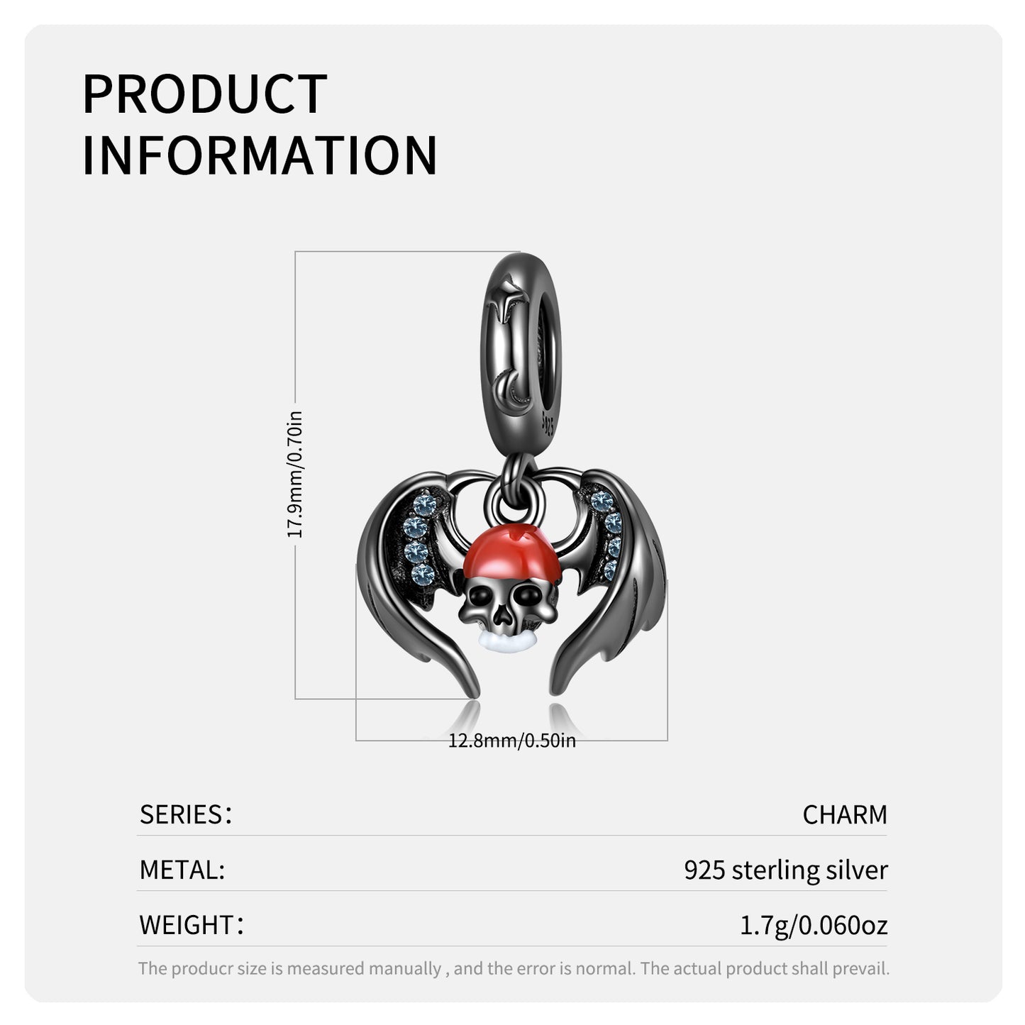 S925 Sterling Silver Skull Wings Dangle Charm Gothic Pendant Bead For DIY Charm Bracelet Necklace Jewelry Gift
