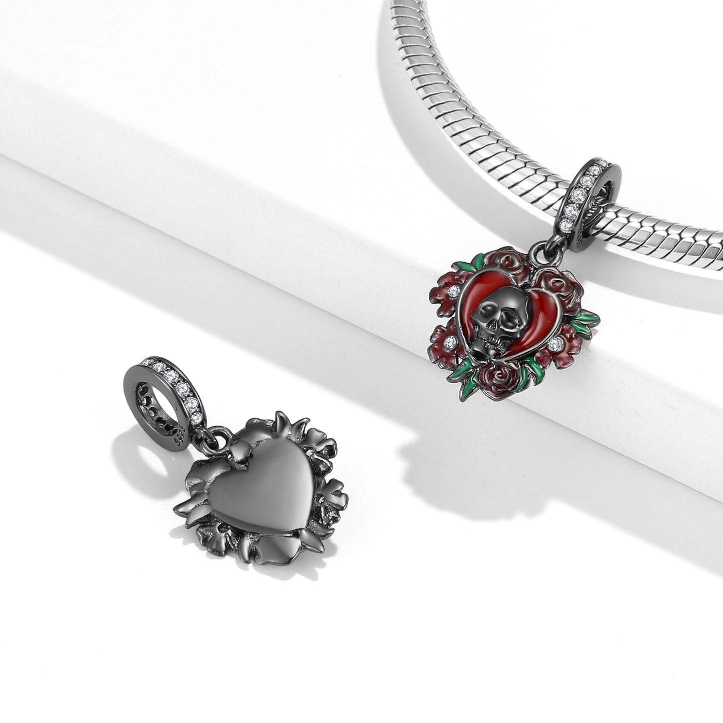 S925 Sterling Silver Rose Skull Dangle Charm Gothic Floral Pendant Bead For DIY Charm Bracelet Necklace Jewelry Gift