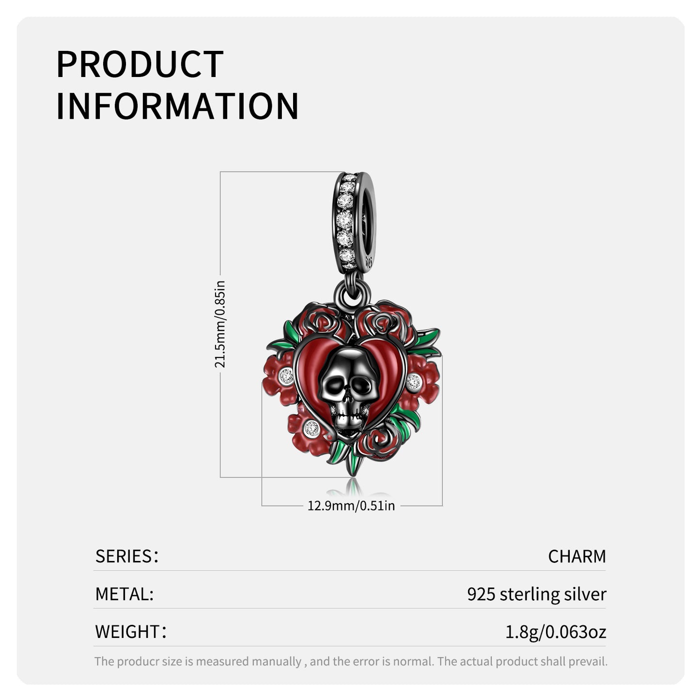 S925 Sterling Silver Rose Skull Dangle Charm Gothic Floral Pendant Bead For DIY Charm Bracelet Necklace Jewelry Gift