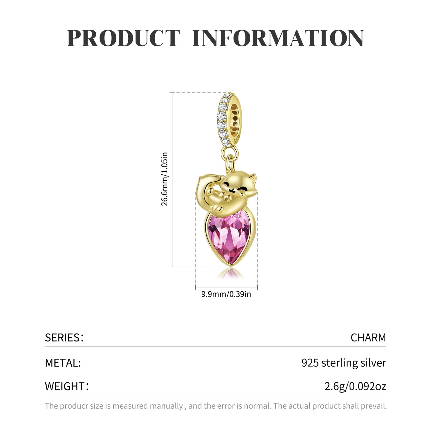 S925 Sterling Silver Gold Plated Fox Dangle Charm Cute Animal Pendant Bead For DIY Charm Bracelet Necklace Jewelry Gift
