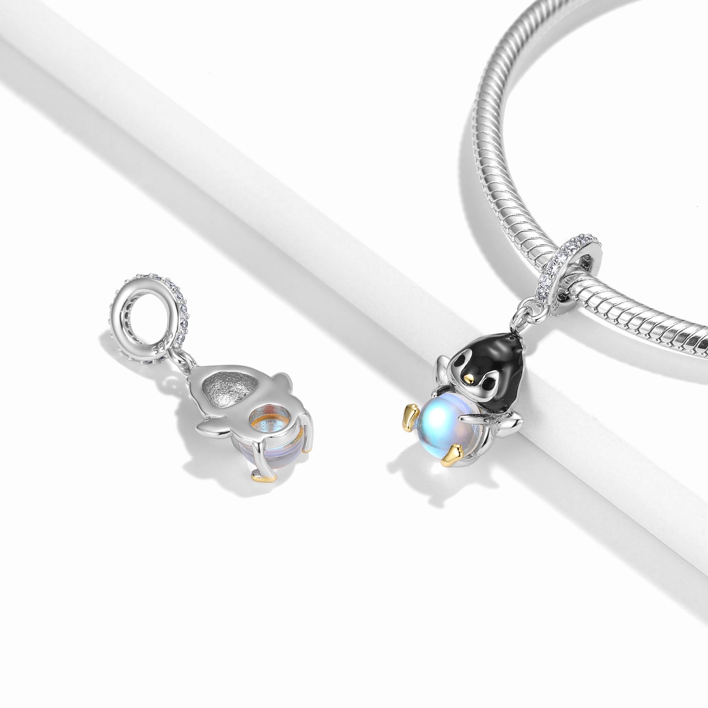 S925 Sterling Silver Penguin Dangle Charm With Created Moonstone Animal Pendant Bead For DIY Charm Bracelet Necklace Jewelry Gift