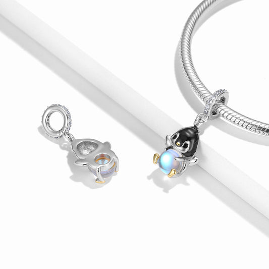 S925 Sterling Silver Penguin Dangle Charm With Created Moonstone Animal Pendant Bead For DIY Charm Bracelet Necklace Jewelry Gift