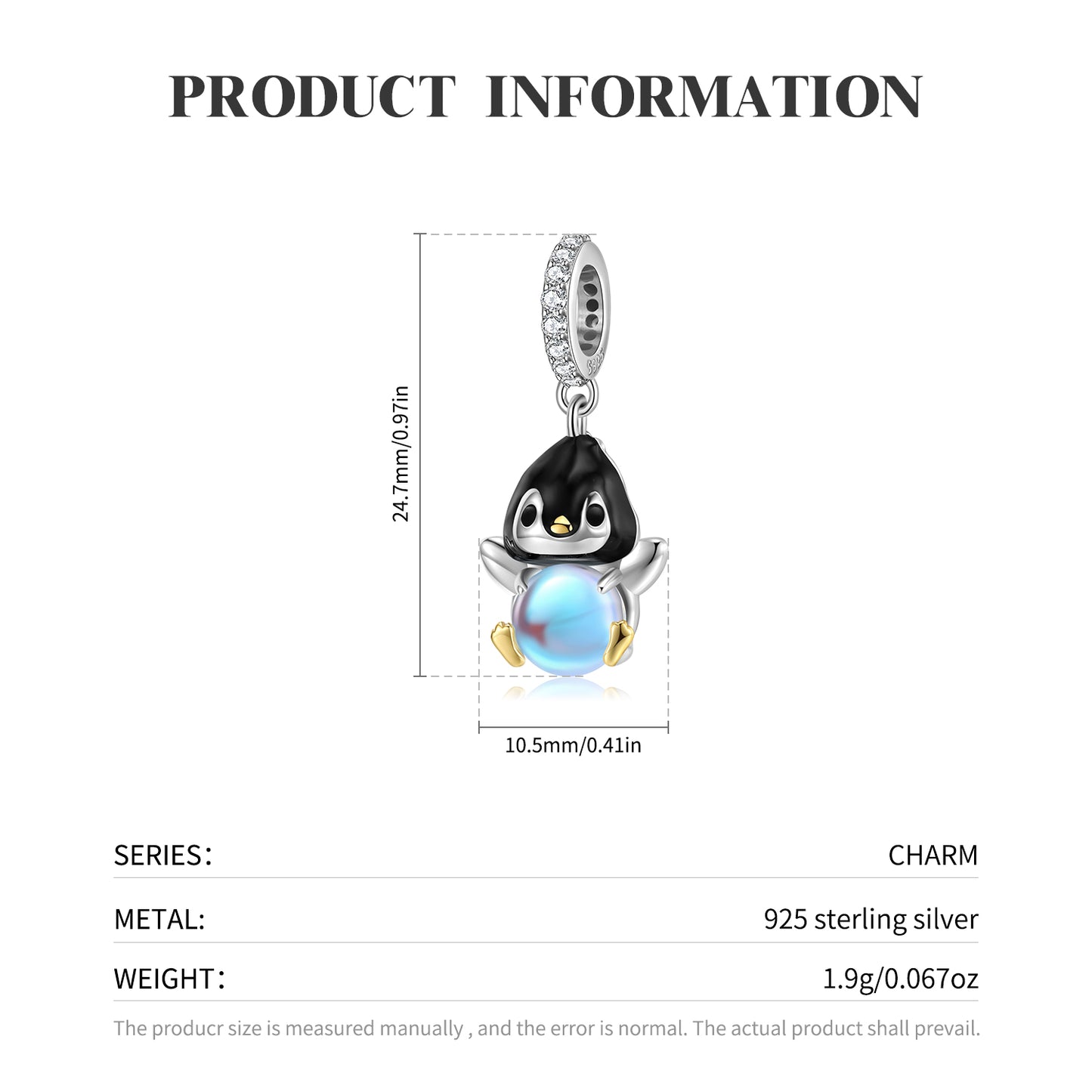 S925 Sterling Silver Penguin Dangle Charm With Created Moonstone Animal Pendant Bead For DIY Charm Bracelet Necklace Jewelry Gift