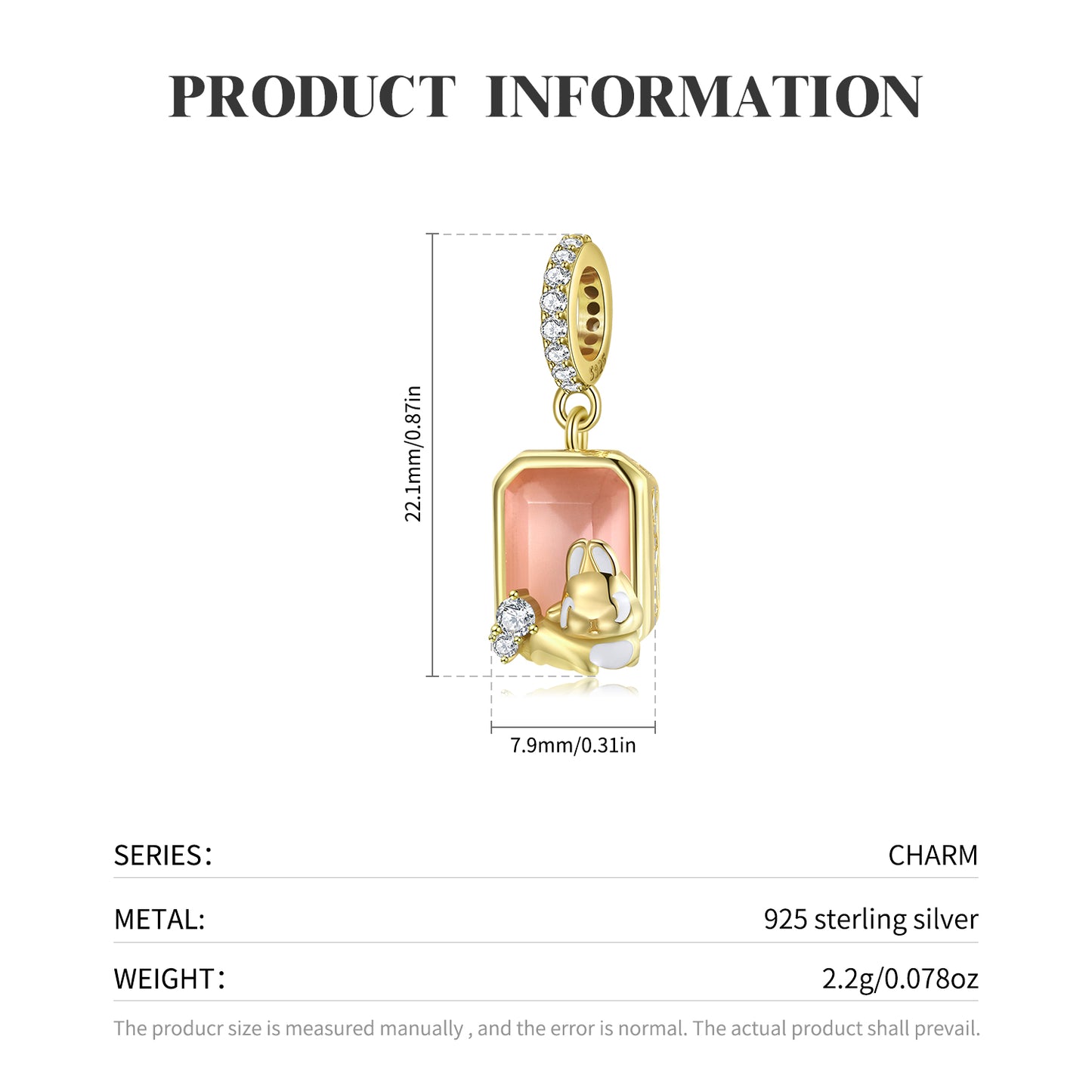 S925 Sterling Silver Pink Rabbit Dangle Charm With Created Morganite Pendant Bead For DIY Charm Bracelet Necklace Jewelry Gift