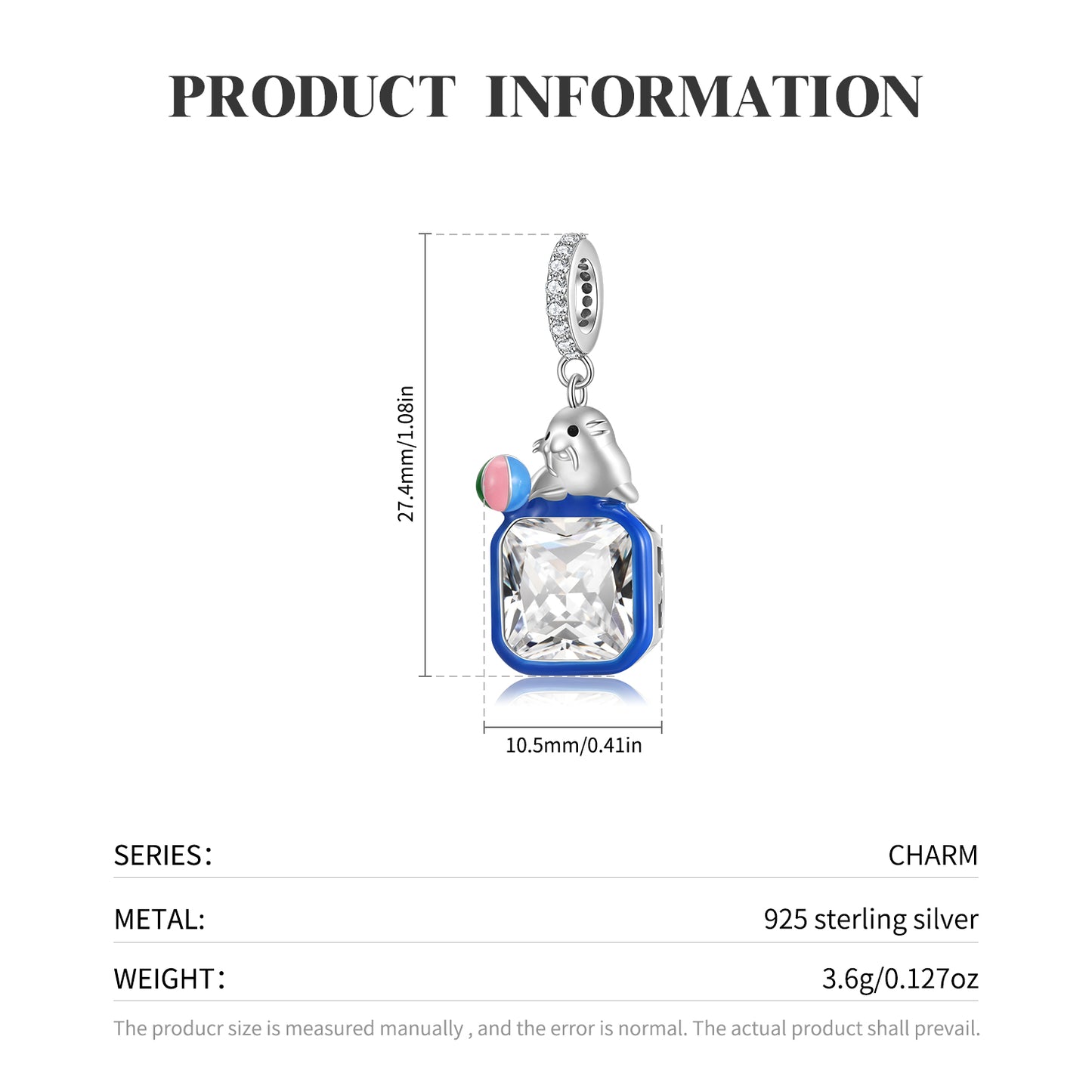 S925 Sterling Silver Seal Dangle Charm With Created White Sapphire Animal Pendant Bead For DIY Charm Bracelet Necklace Jewelry Gift