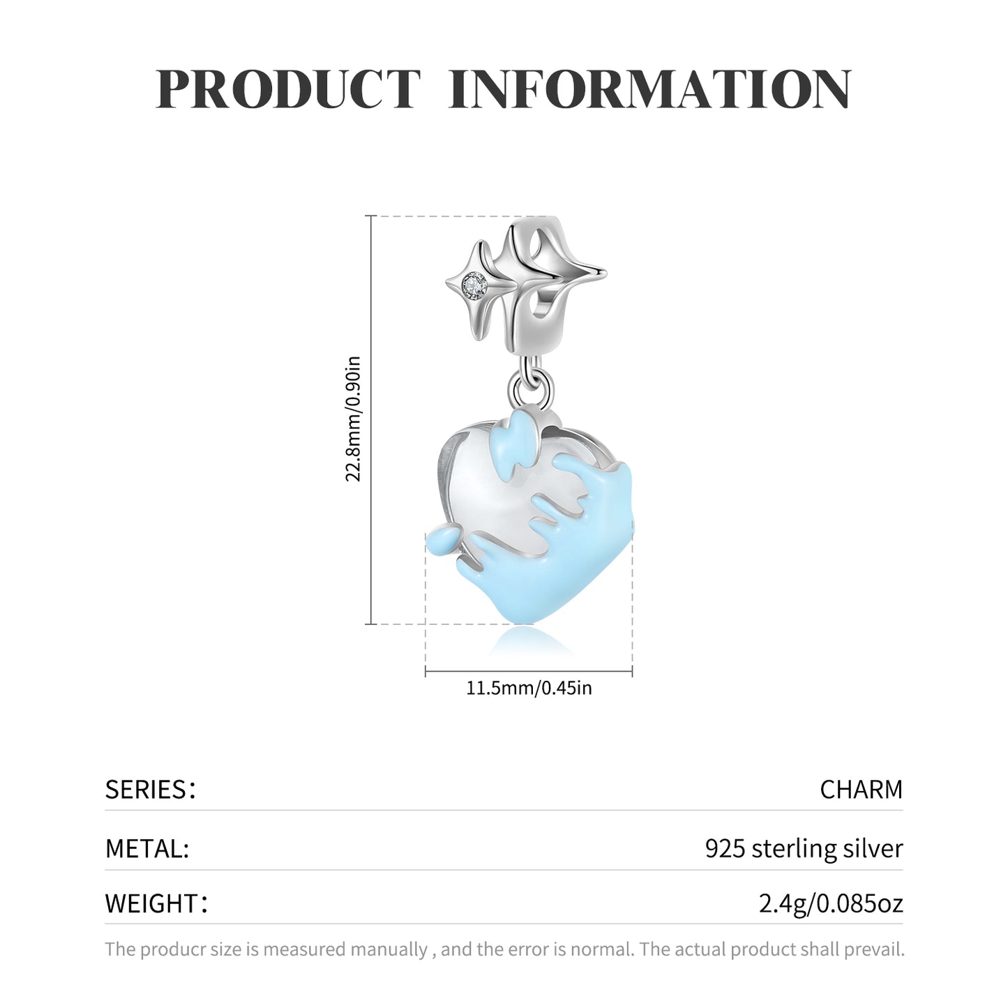 S925 Sterling Silver Blue Enamel Melting Heart Dangle Charm Valentine's Day Pendant Bead For DIY Charm Bracelet Necklace Jewelry Gift