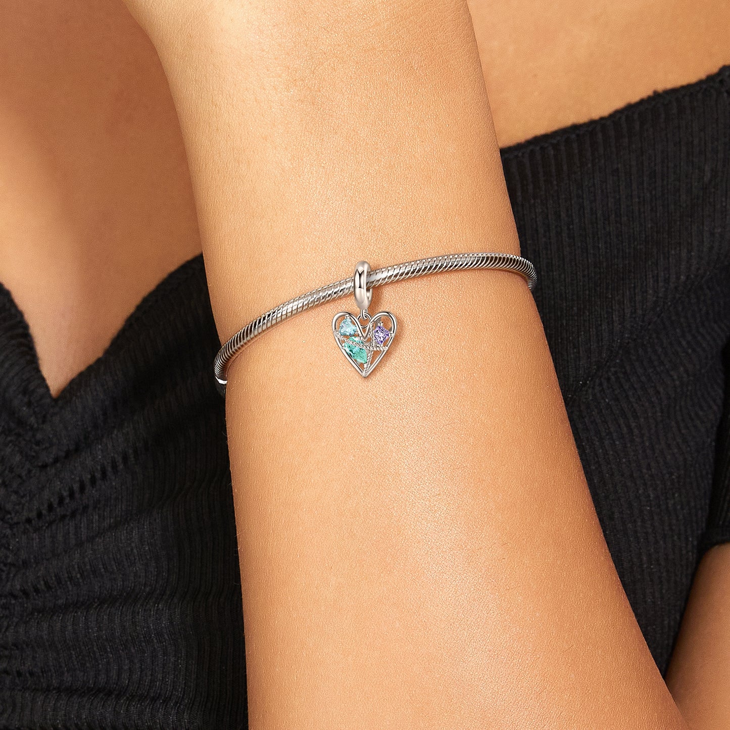 S925 Sterling Silver Hollow Cubic Zircon Heart Dangle Charm Pendant Bead For DIY Charm Bracelet Necklace Jewelry Gift