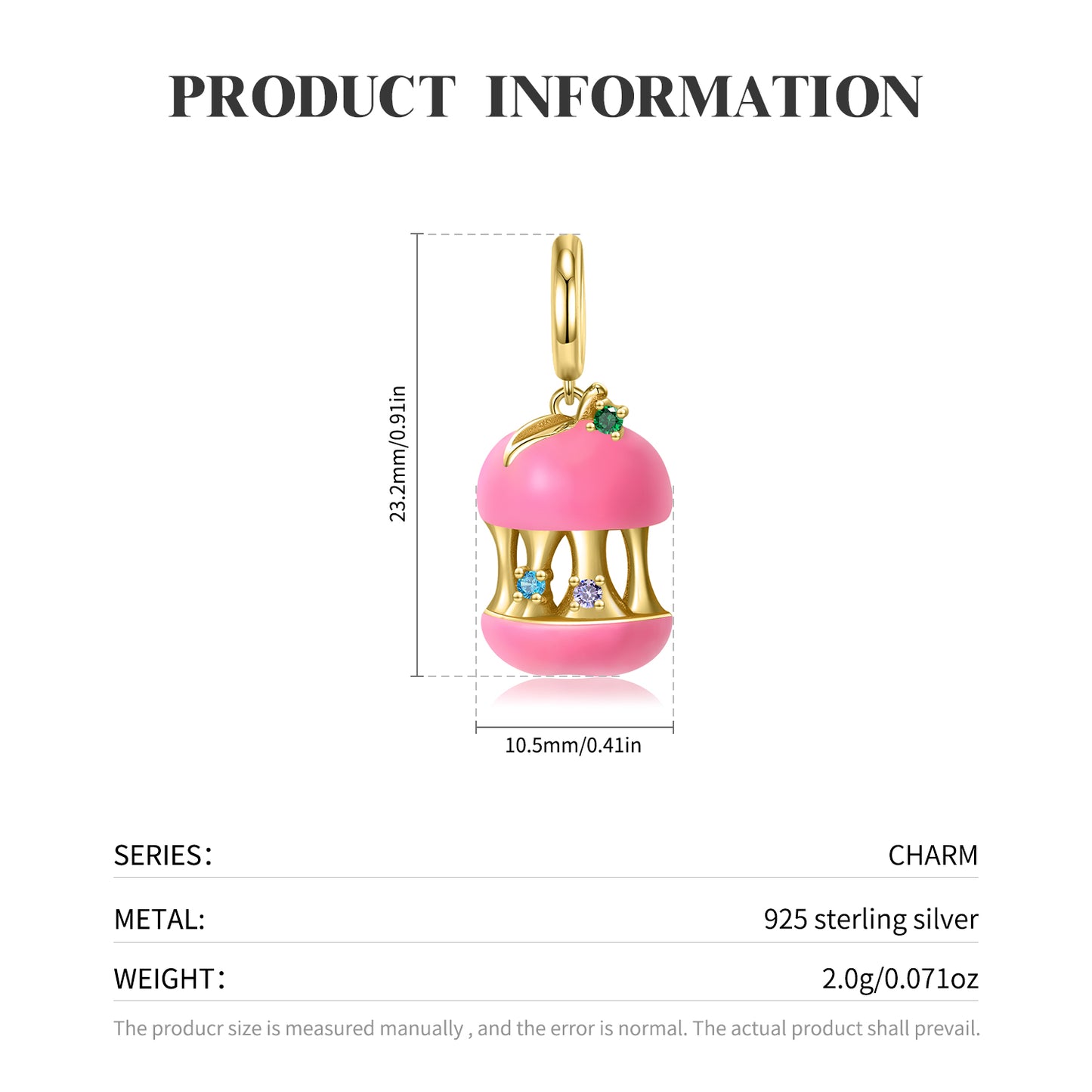 S925 Sterling Silver Gold Plated Pink Apple Dangle Charm Pendant Bead For DIY Charm Bracelet Necklace Jewelry Gift