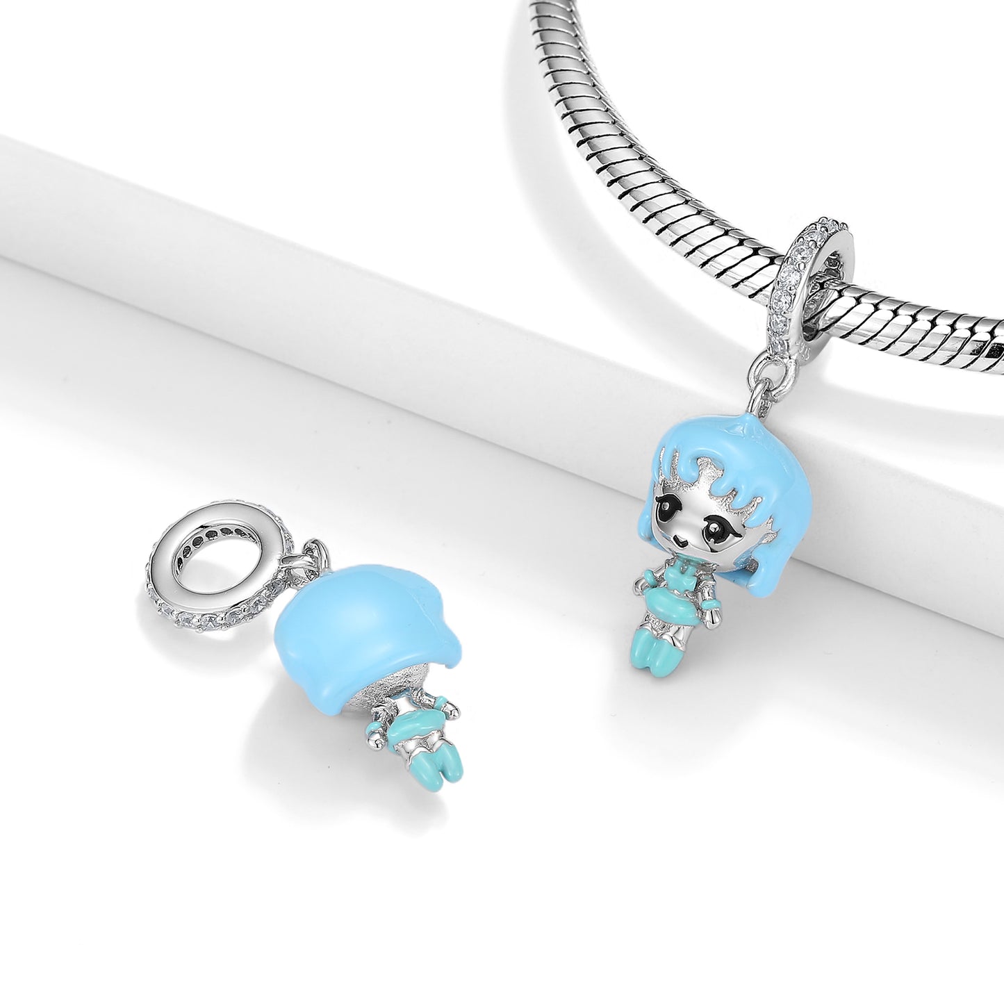 S925 Sterling Silver Cute Girl Blue Enamel Dangle Charm Cartoon Character Pendant Bead For DIY Charm Bracelet Necklace Jewelry Gift