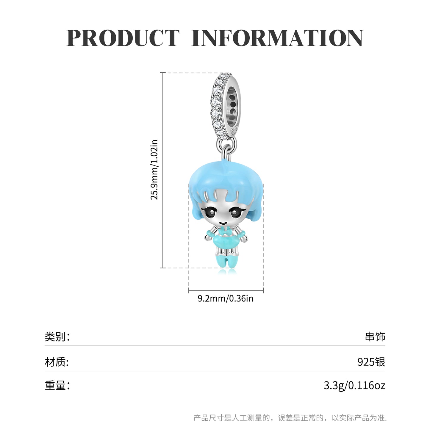 S925 Sterling Silver Cute Girl Blue Enamel Dangle Charm Cartoon Character Pendant Bead For DIY Charm Bracelet Necklace Jewelry Gift