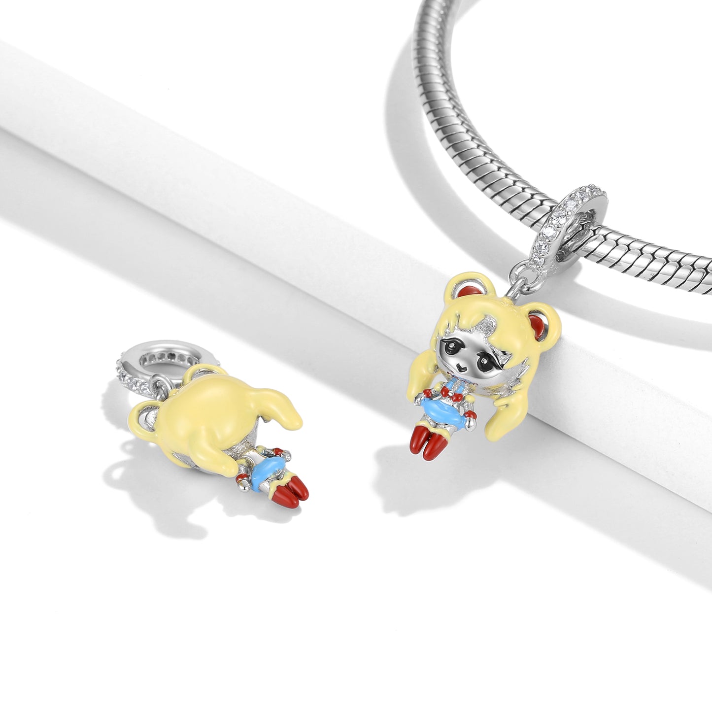 S925 Sterling Silver Blonde Girl Cartoon Dangle Charm Colorful Enamel Pendant Bead For DIY Charm Bracelet Necklace Jewelry Gift