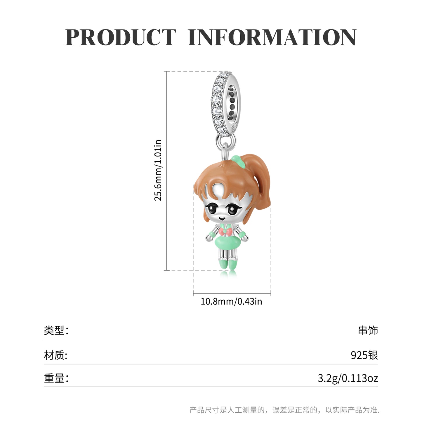S925 Sterling Silver Dark Hair Girl Cartoon Dangle Charm Creative Pendant Bead For DIY Charm Bracelet Necklace Jewelry Gift