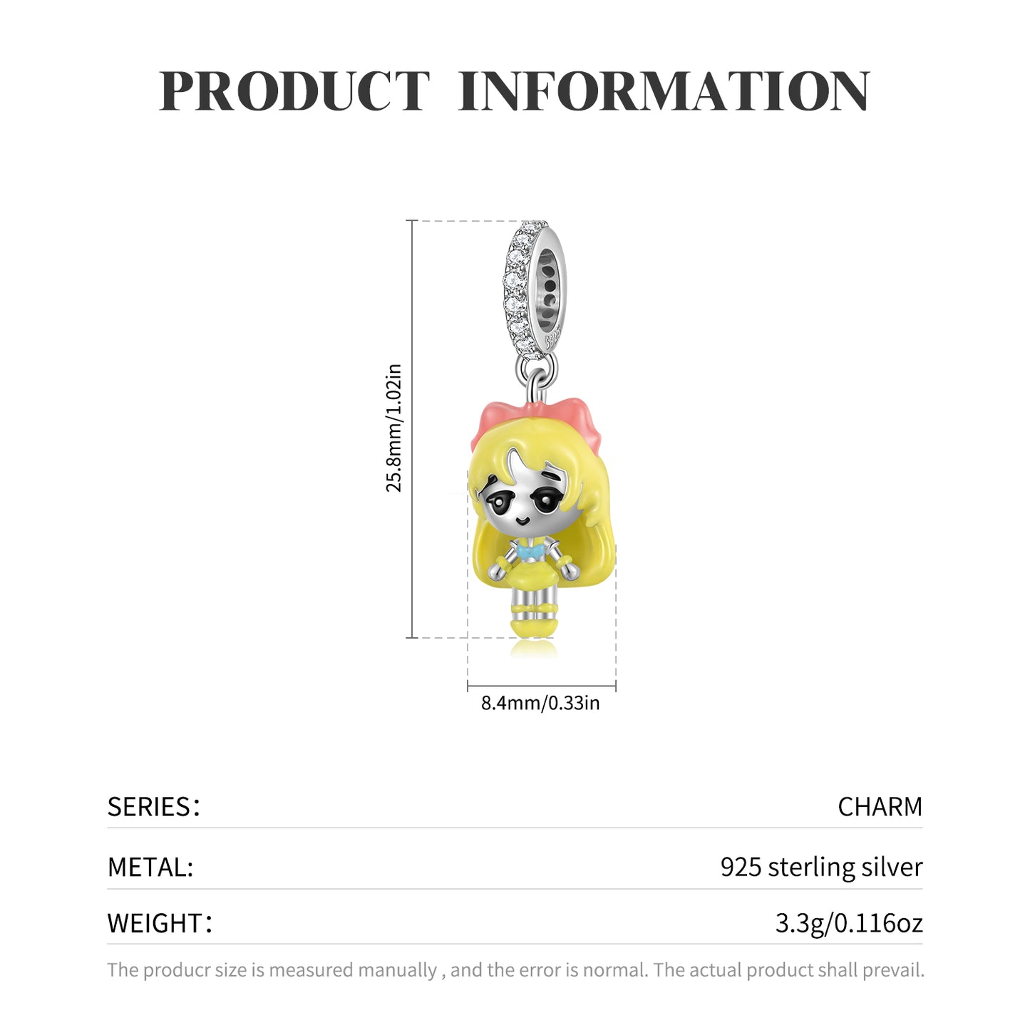 S925 Sterling Silver Girl Cartoon Resin Dangle Charm DIY Pendant Bead For Charm Bracelet Necklace Jewelry Gift