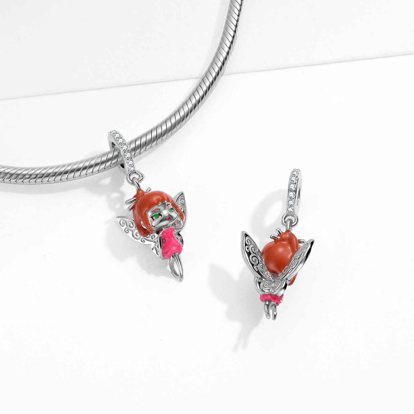 S925 Sterling Silver Garden Fairy Dangle Charm Pink Resin Pendant Bead For DIY Charm Bracelet Necklace Jewelry Gift