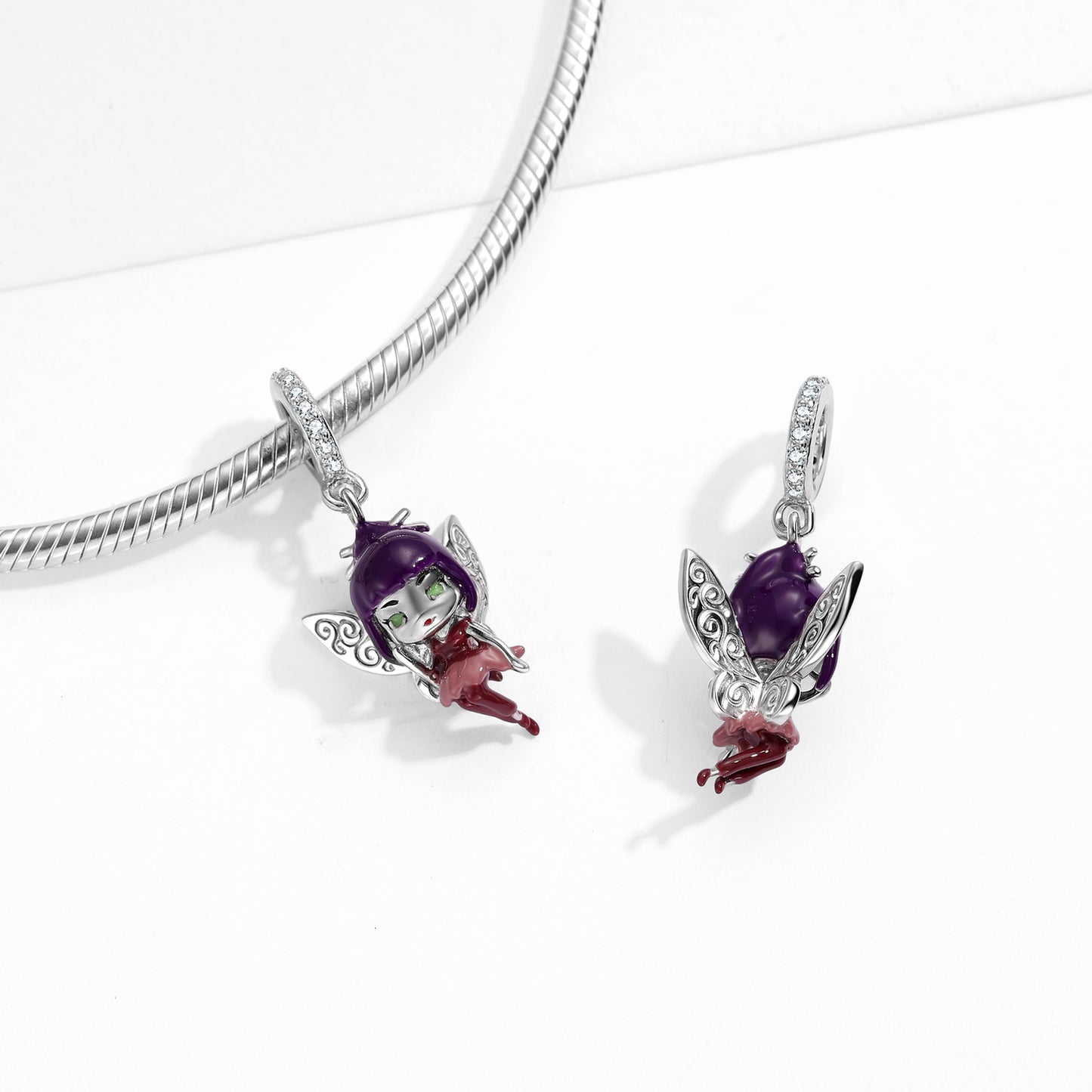 S925 Sterling Silver Wind Fairy Dangle Charm Purple Resin Pendant Bead For DIY Charm Bracelet Necklace Jewelry Gift