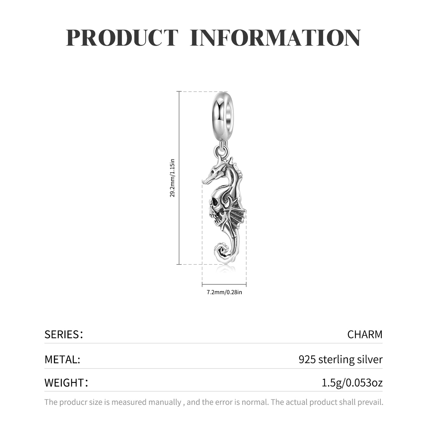 S925 Sterling Silver Oxidized Skull Seahorse Dangle Charm Gothic Pendant Bead For DIY Charm Bracelet Necklace Jewelry Gift