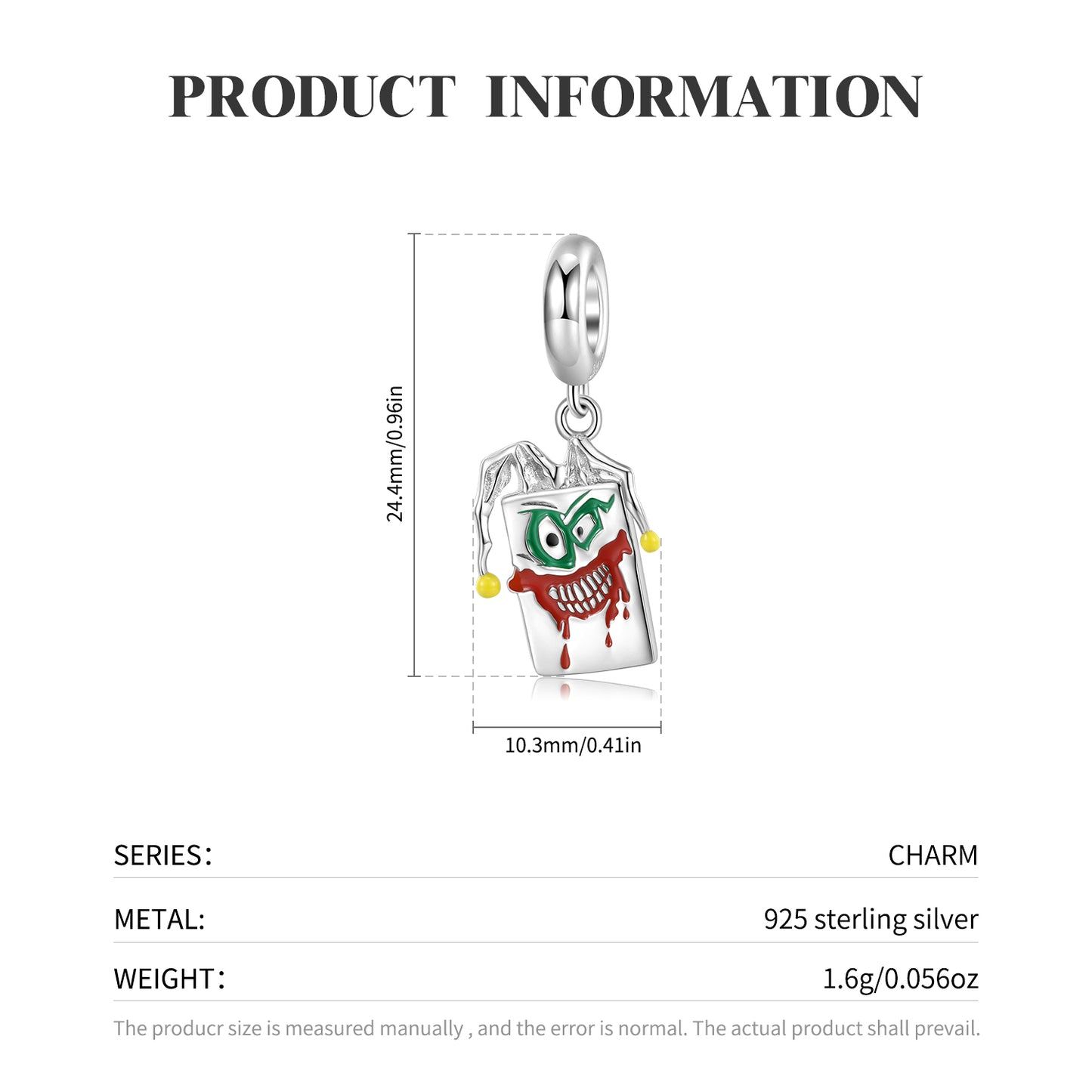 S925 Sterling Silver Evil Clown Dangle Charm Halloween Pendant Bead For DIY Charm Bracelet Necklace Jewelry Gift