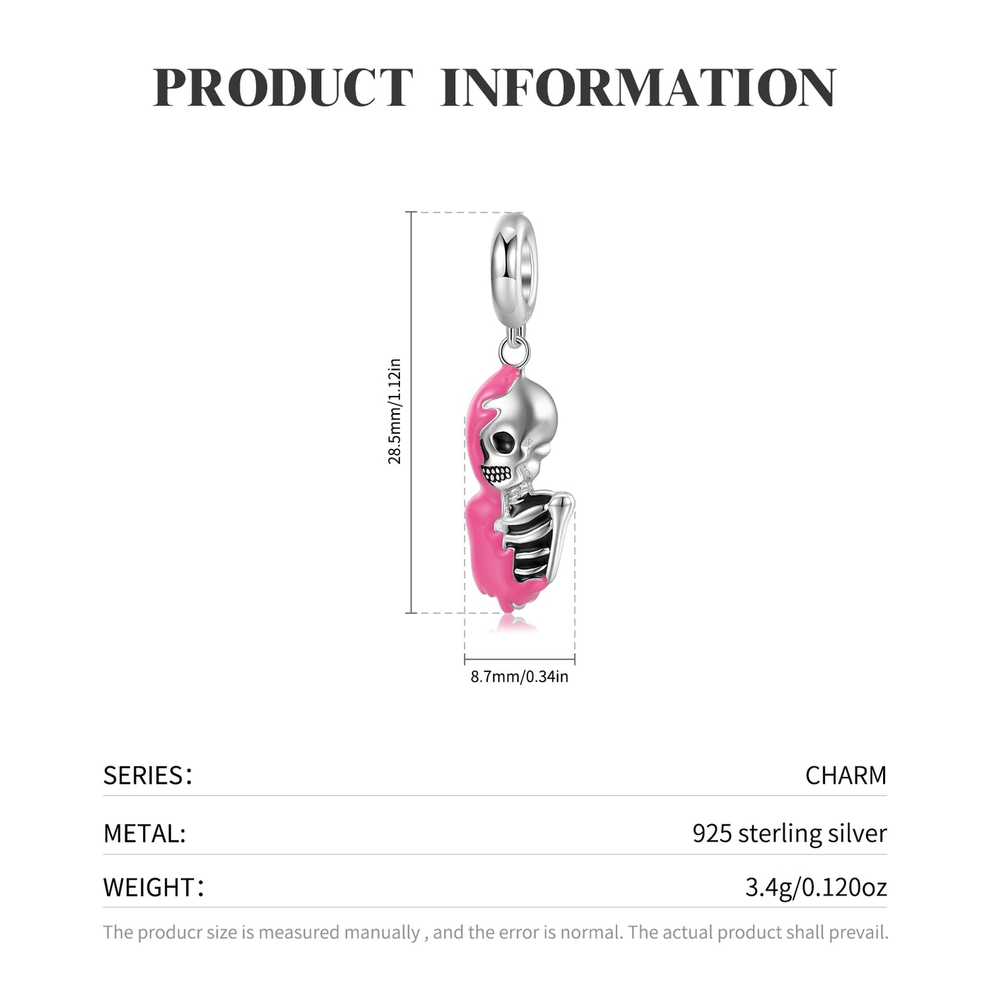 S925 Sterling Silver Skeleton Dangle Charm Colorful Resin Gothic Pendant Bead For DIY Charm Bracelet Necklace Jewelry Gift