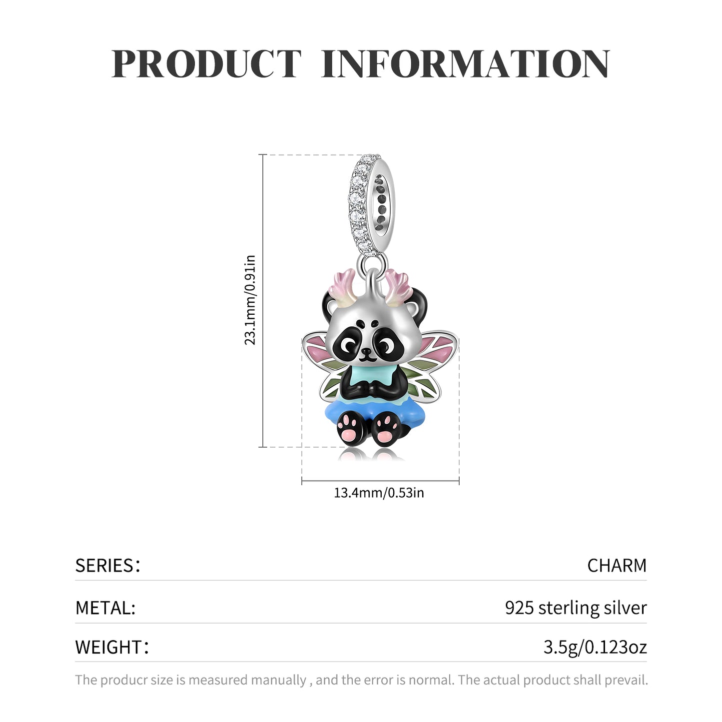 S925 Sterling Silver Panda Fairy Dangle Charm Colorful Resin Pendant Bead For DIY Charm Bracelet Necklace Jewelry Gift