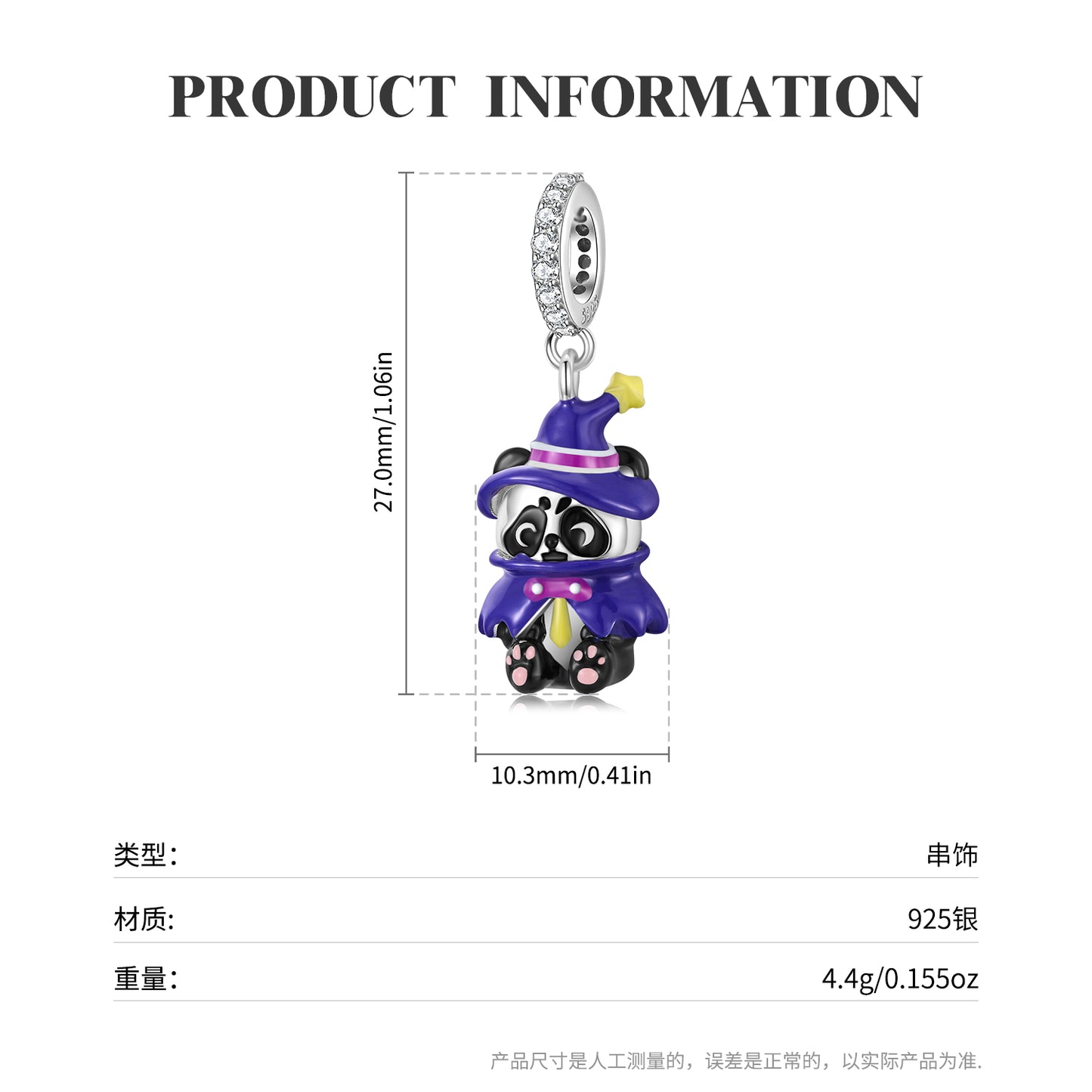 S925 Sterling Silver Panda Wizard Dangle Charm Colorful Resin Pendant Bead For DIY Charm Bracelet Necklace Jewelry Gift