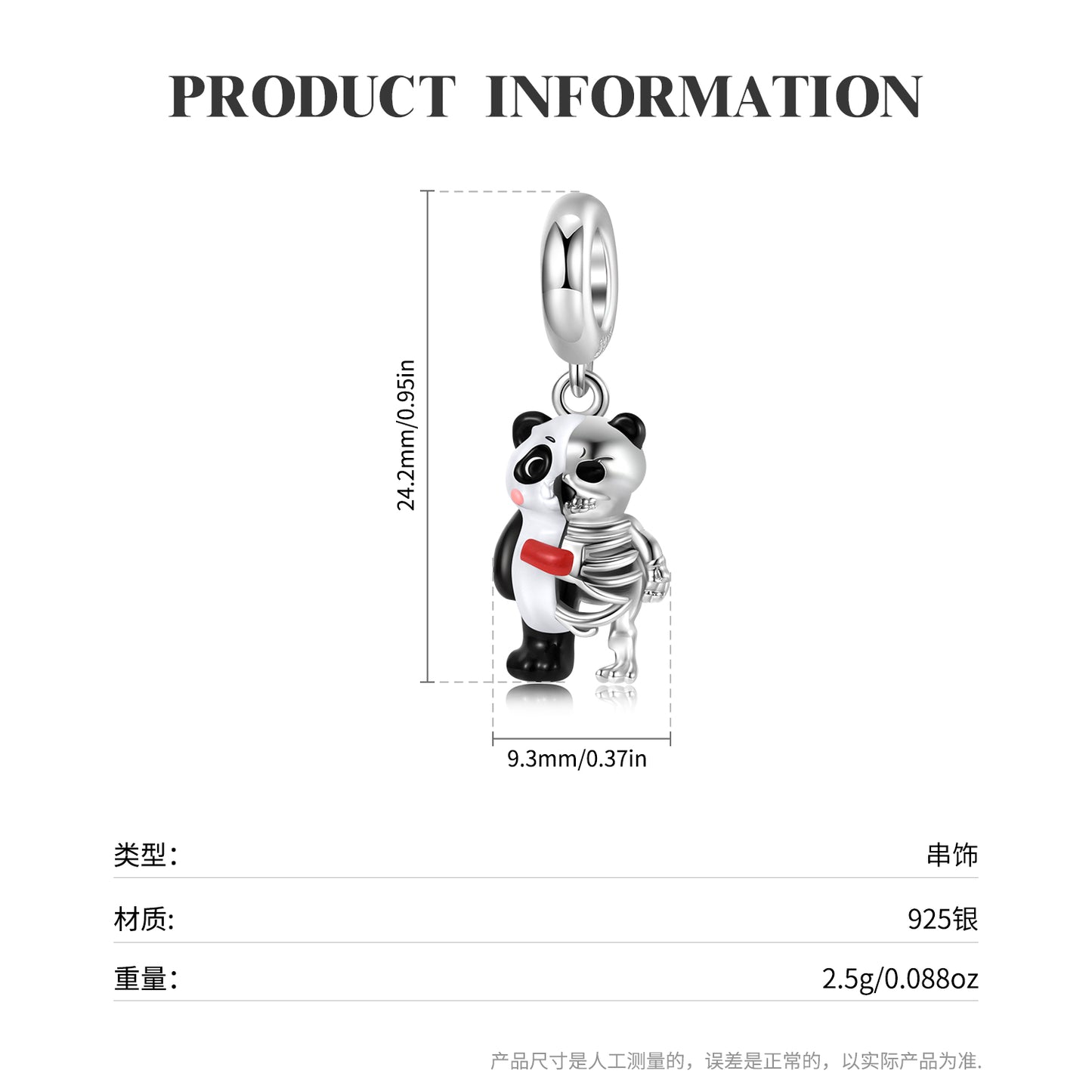 S925 Sterling Silver Panda Skull Dangle Charm Minimalist Pendant Bead For DIY Charm Bracelet Necklace Jewelry Gift