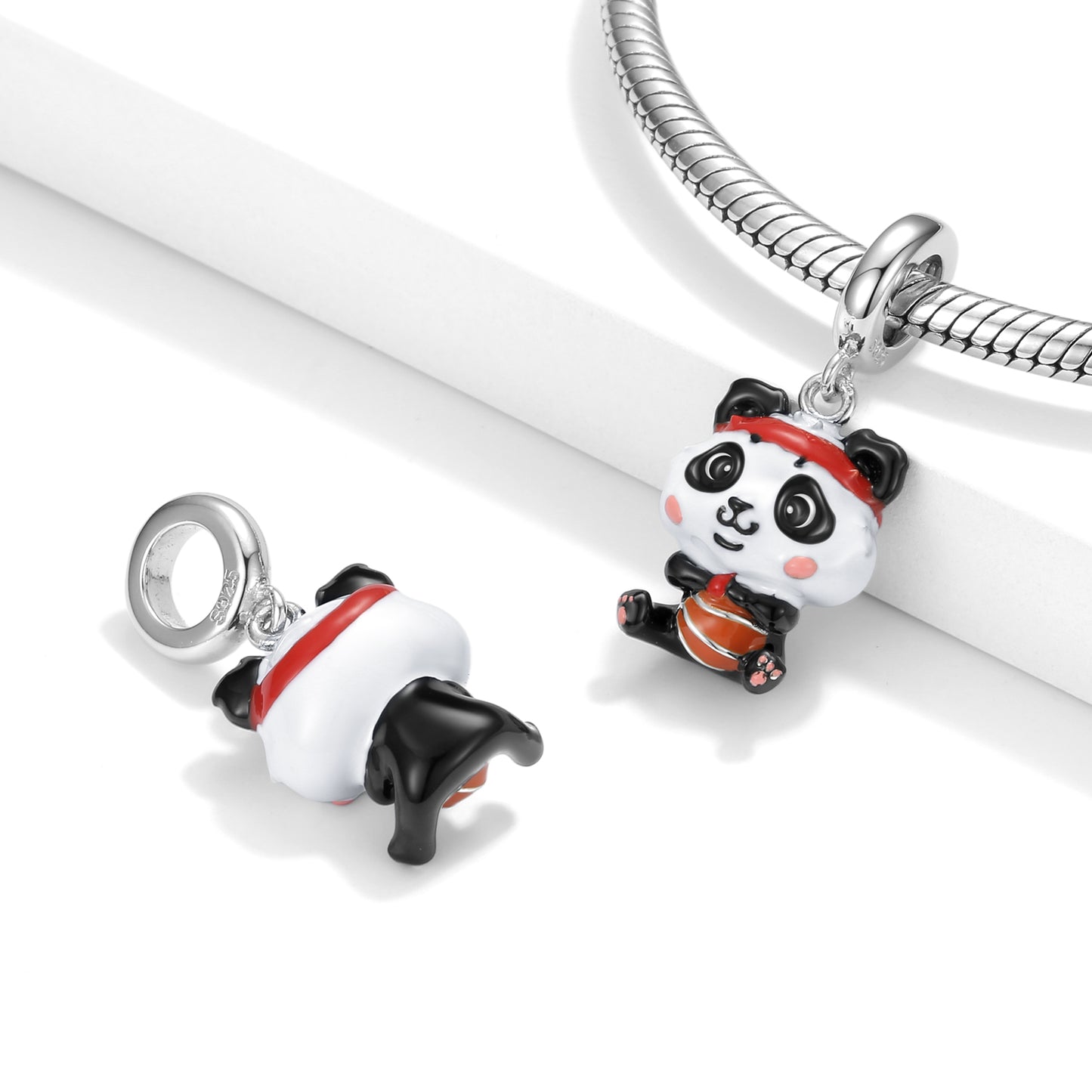 S925 Sterling Silver Panda Basketball Dangle Charm Cartoon Pendant Bead For DIY Charm Bracelet Necklace Jewelry Gift