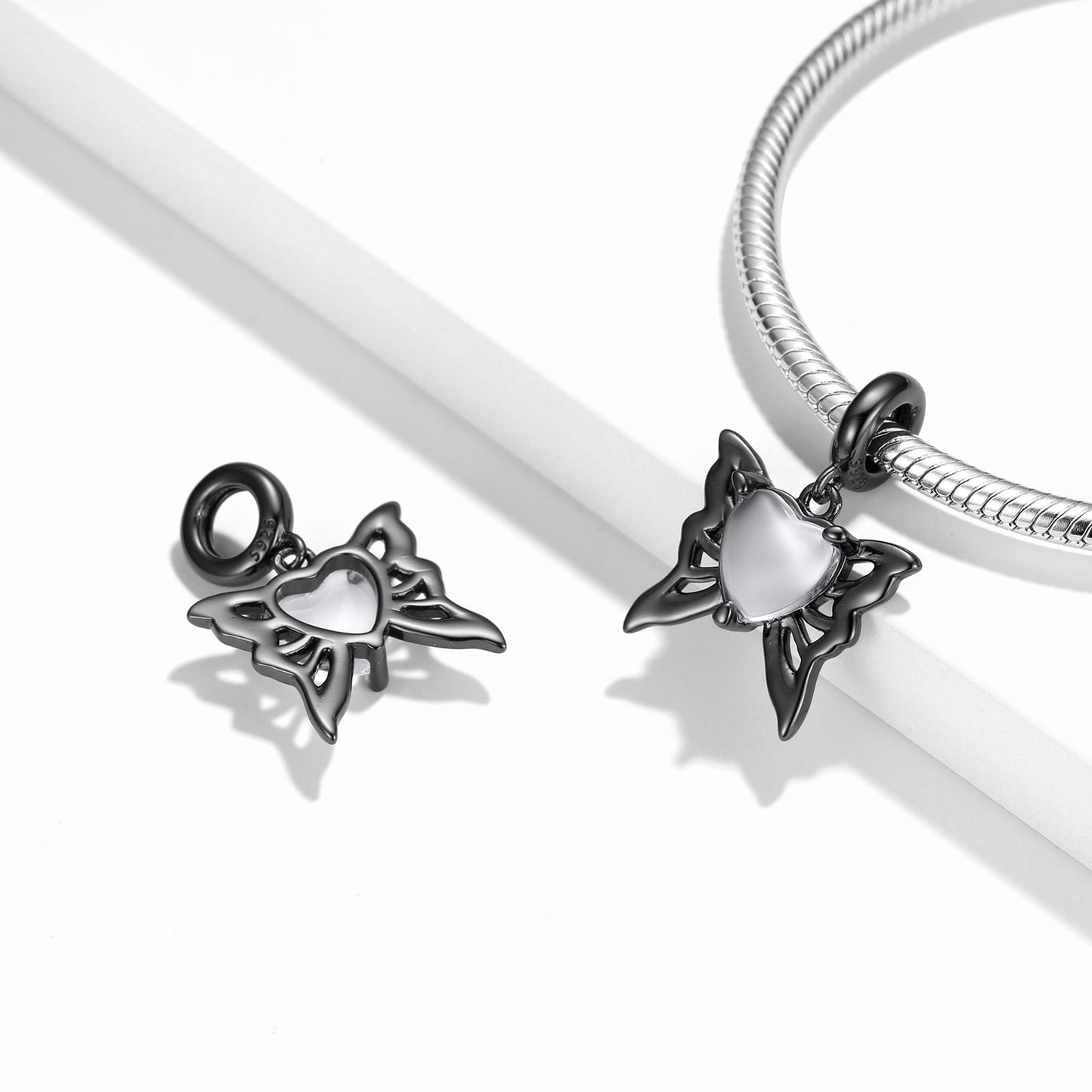 S925 Sterling Silver Black Gold Heart Glass Dangle Charm Gothic Pendant Bead For DIY Charm Bracelet Necklace Jewelry Gift