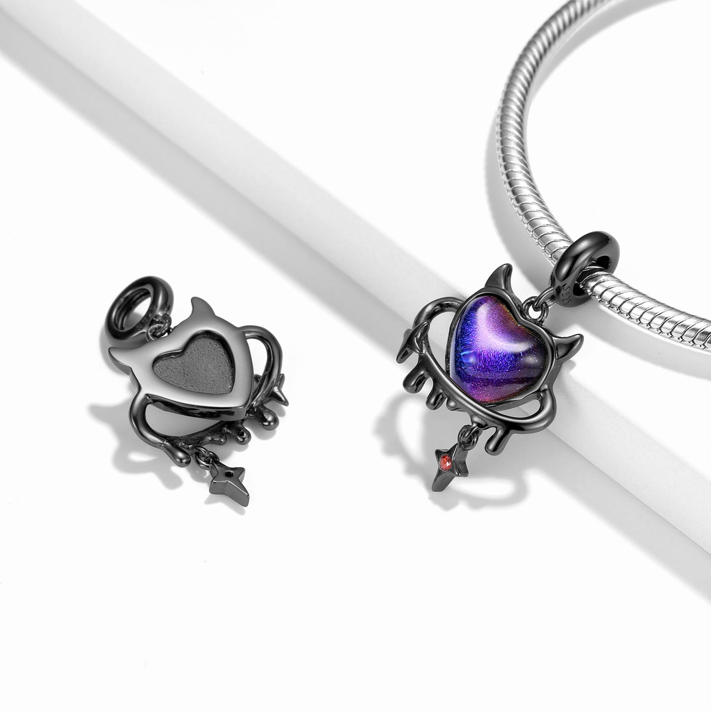 S925 Sterling Silver Cute Devil Heart Dangle Charm Black Gold Pendant Bead For DIY Charm Bracelet Necklace Jewelry Gift