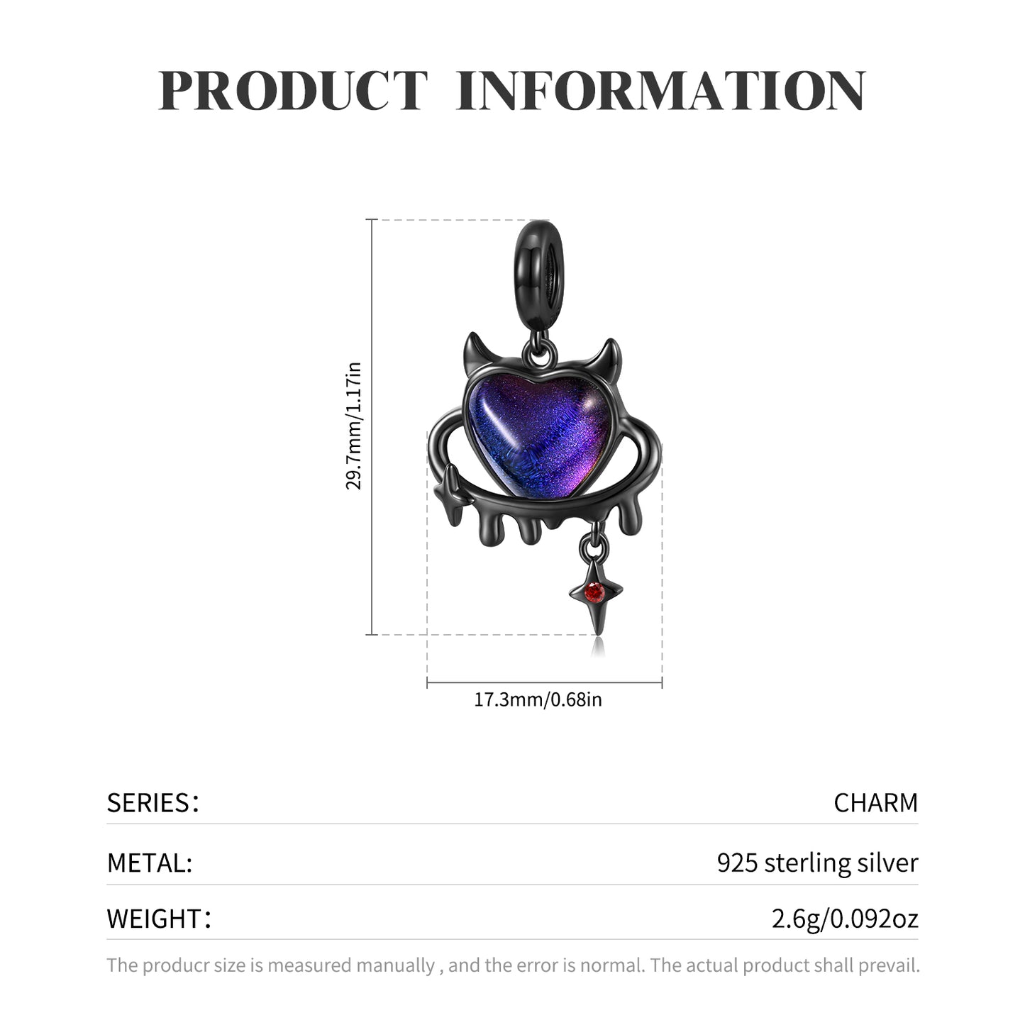 S925 Sterling Silver Cute Devil Heart Dangle Charm Black Gold Pendant Bead For DIY Charm Bracelet Necklace Jewelry Gift