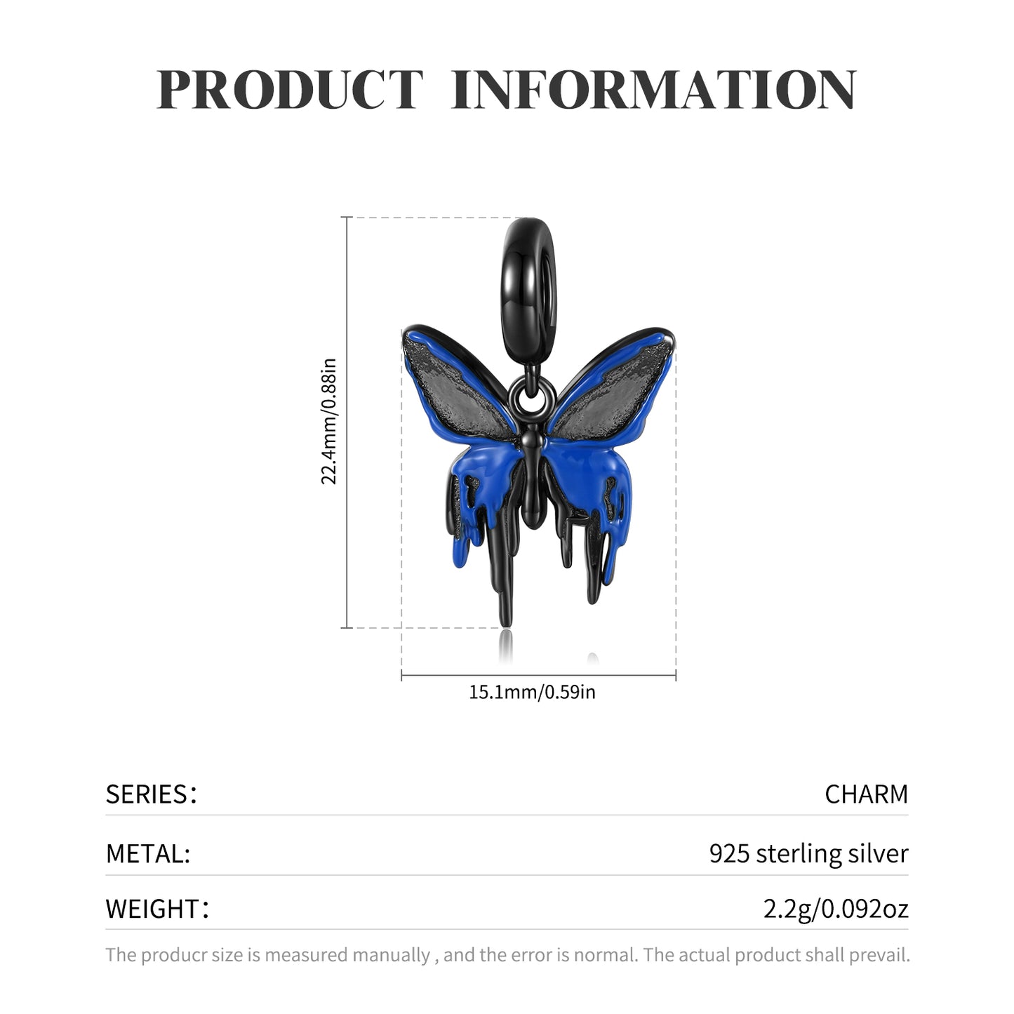 S925 Sterling Silver Black Gold Blue Resin Butterfly Dangle Charm Punk Gothic Pendant Bead For DIY Charm Bracelet Necklace Jewelry Gift