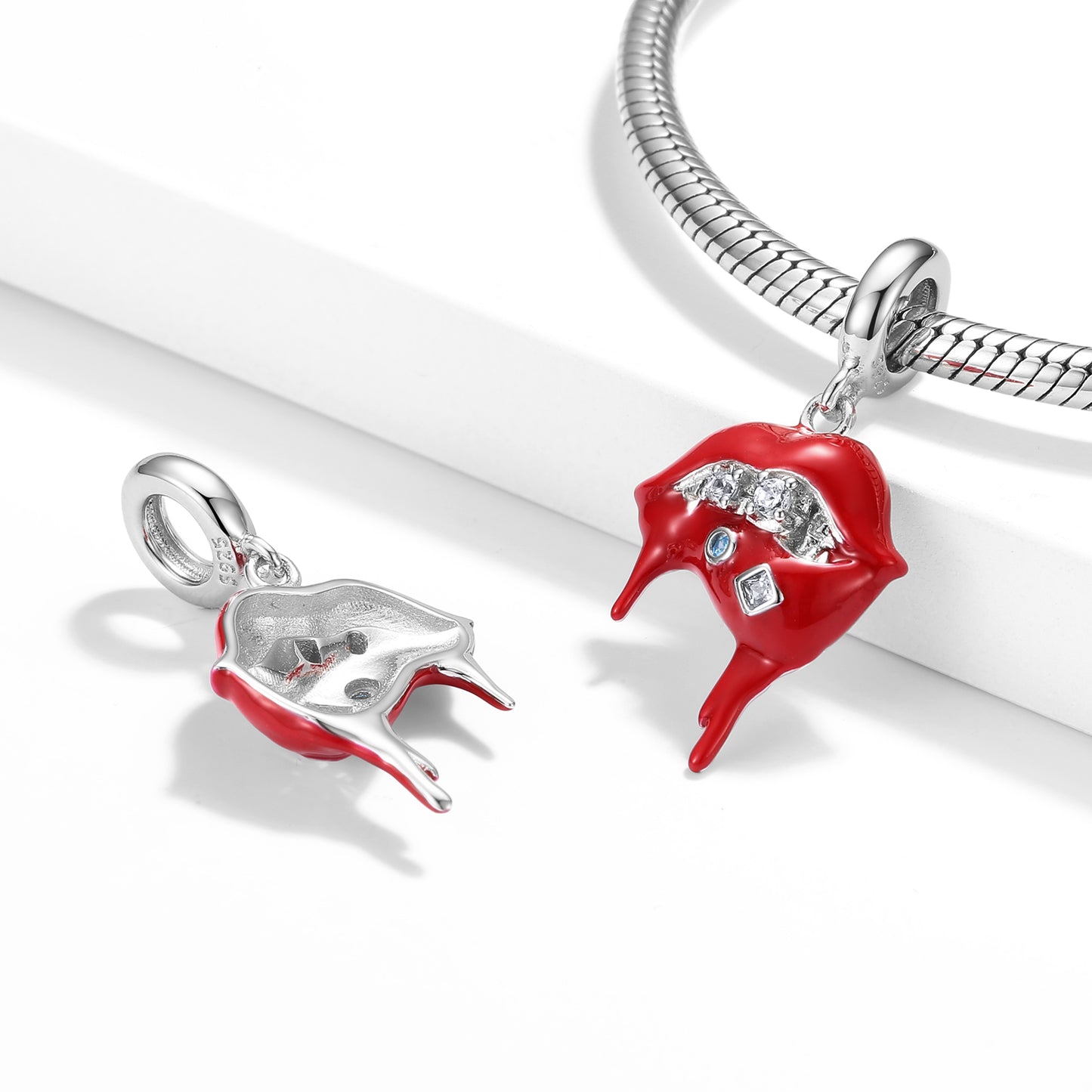 S925 Sterling Silver Sparkling Red Lips Dangle Charm Zircon Resin Pendant Bead For DIY Charm Bracelet Necklace Jewelry Gift