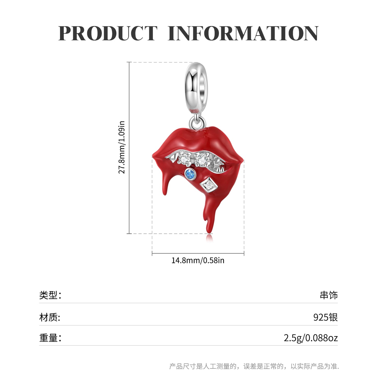 S925 Sterling Silver Sparkling Red Lips Dangle Charm Zircon Resin Pendant Bead For DIY Charm Bracelet Necklace Jewelry Gift