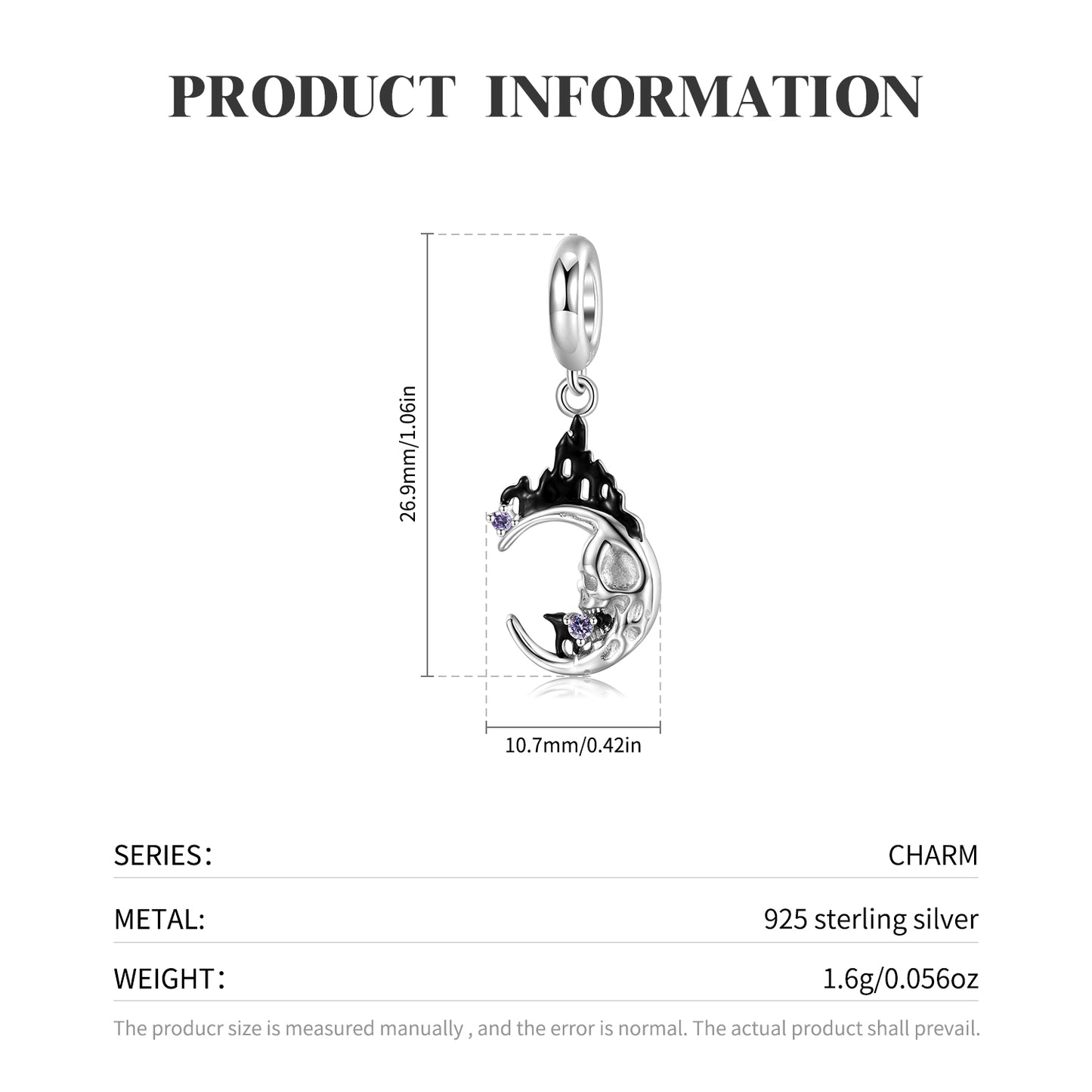 S925 Sterling Silver Skull Castle Bead Dangle Charm Black Resin Gothic Pendant For DIY Charm Bracelet Necklace Jewelry Gift